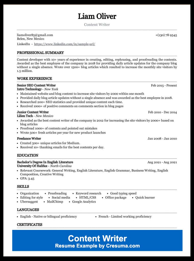 content writer resume example image