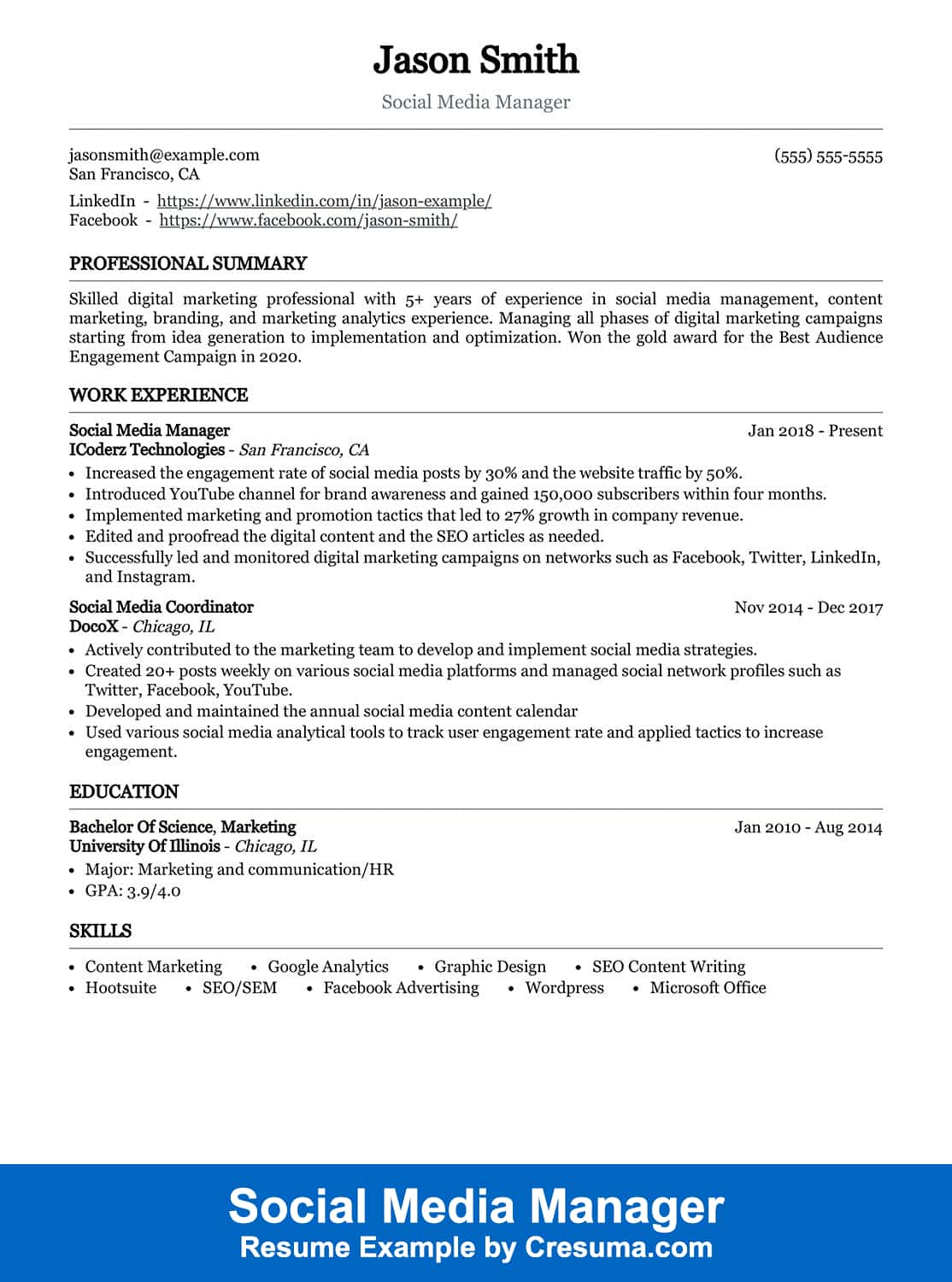 social media manager resume example