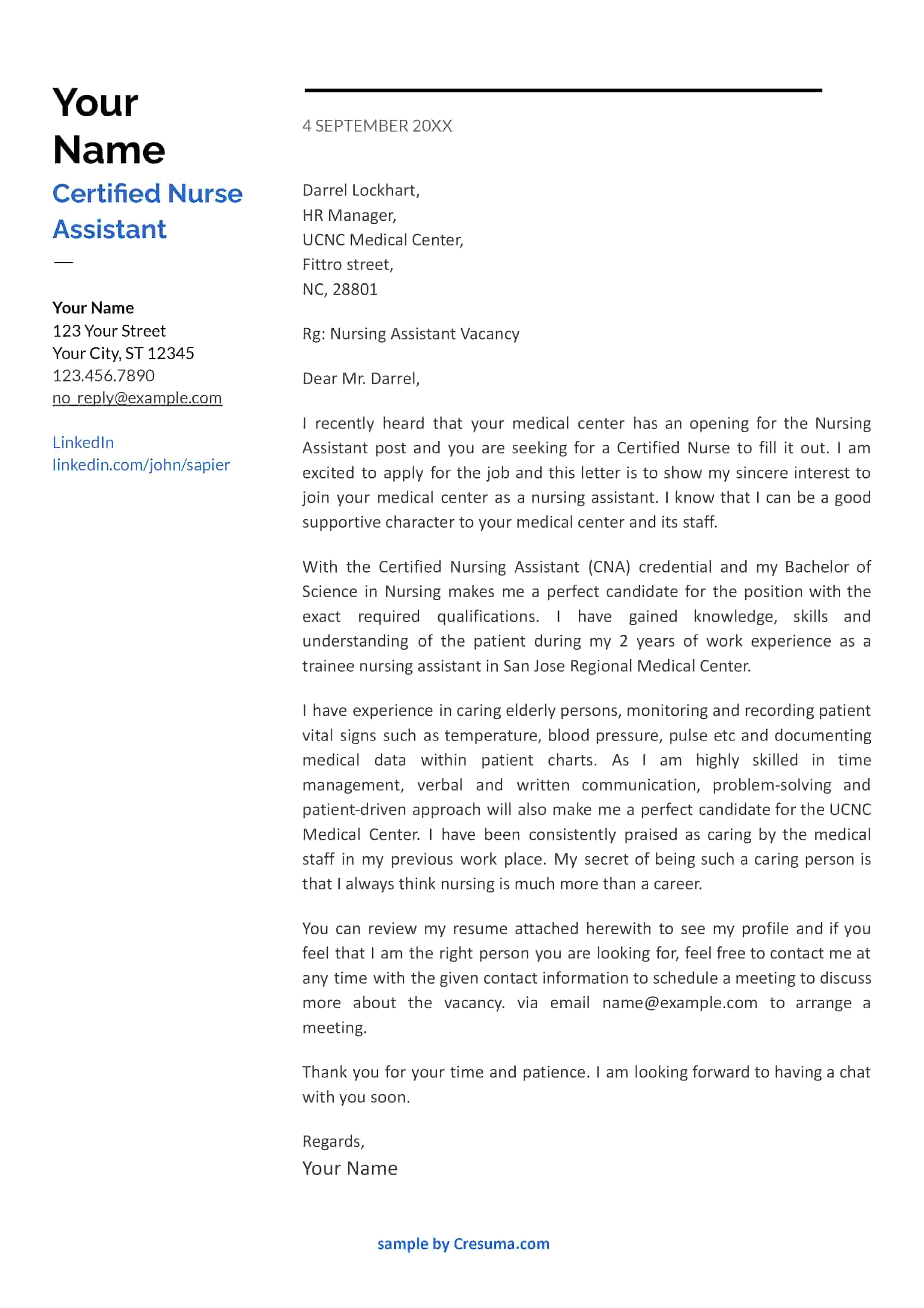Certified Nursing Assistant Cover Letter example template 5
