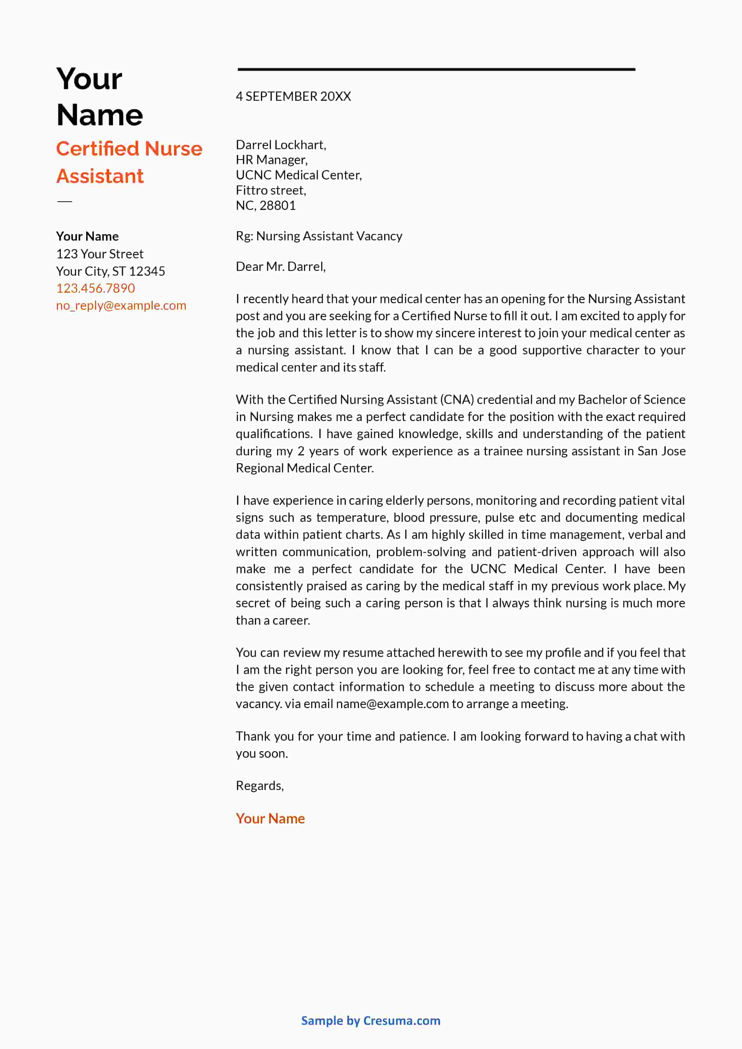 Certified Nursing Assistant Cover Letter example template 1