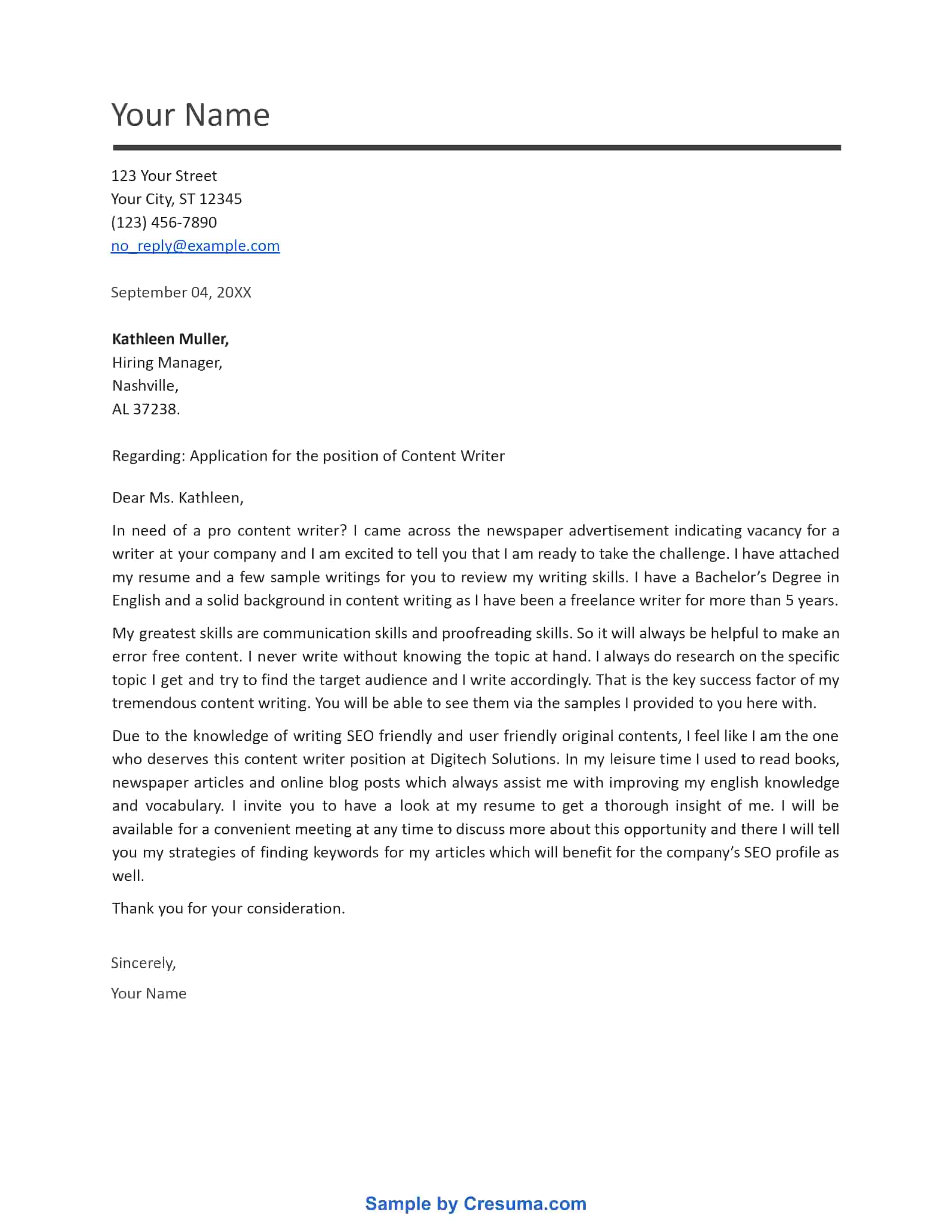 Content writer cover letter example template 4