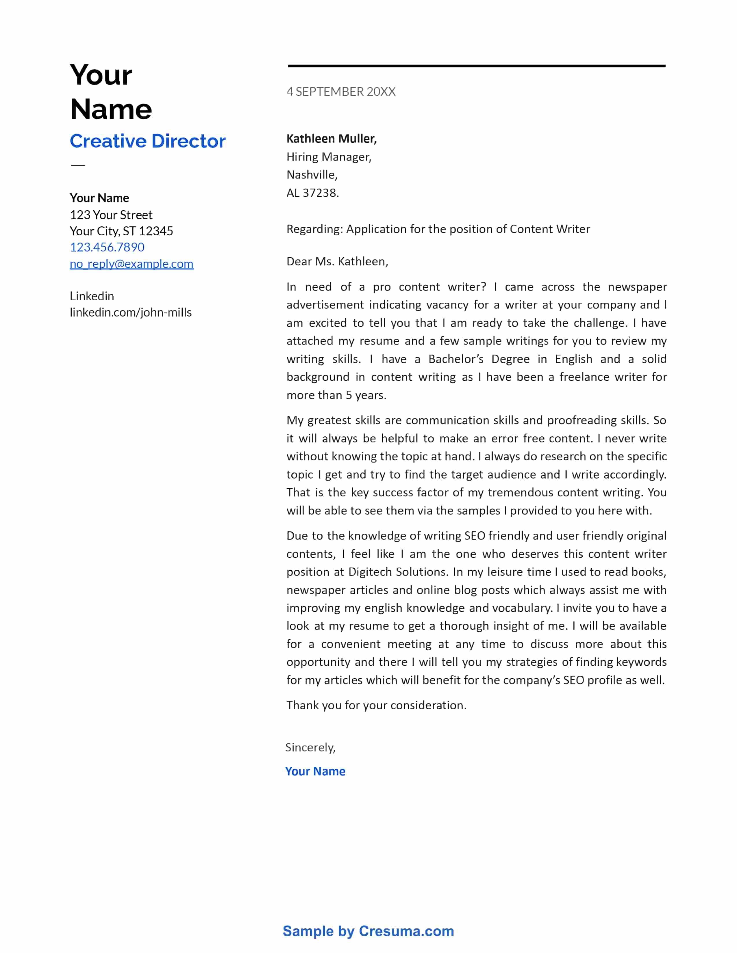 example of cover letter for content writers