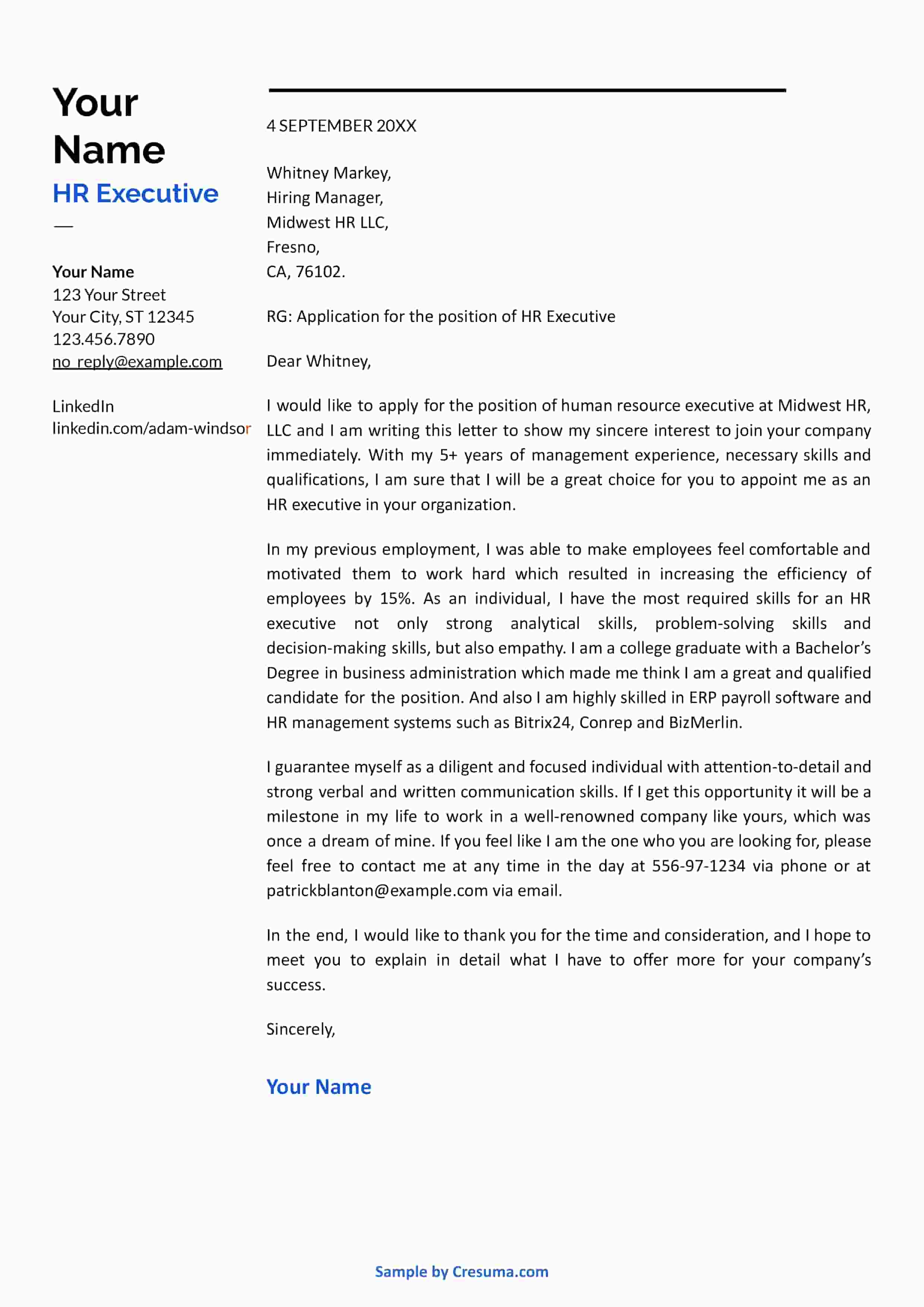 HR executive cover letter sample template 5