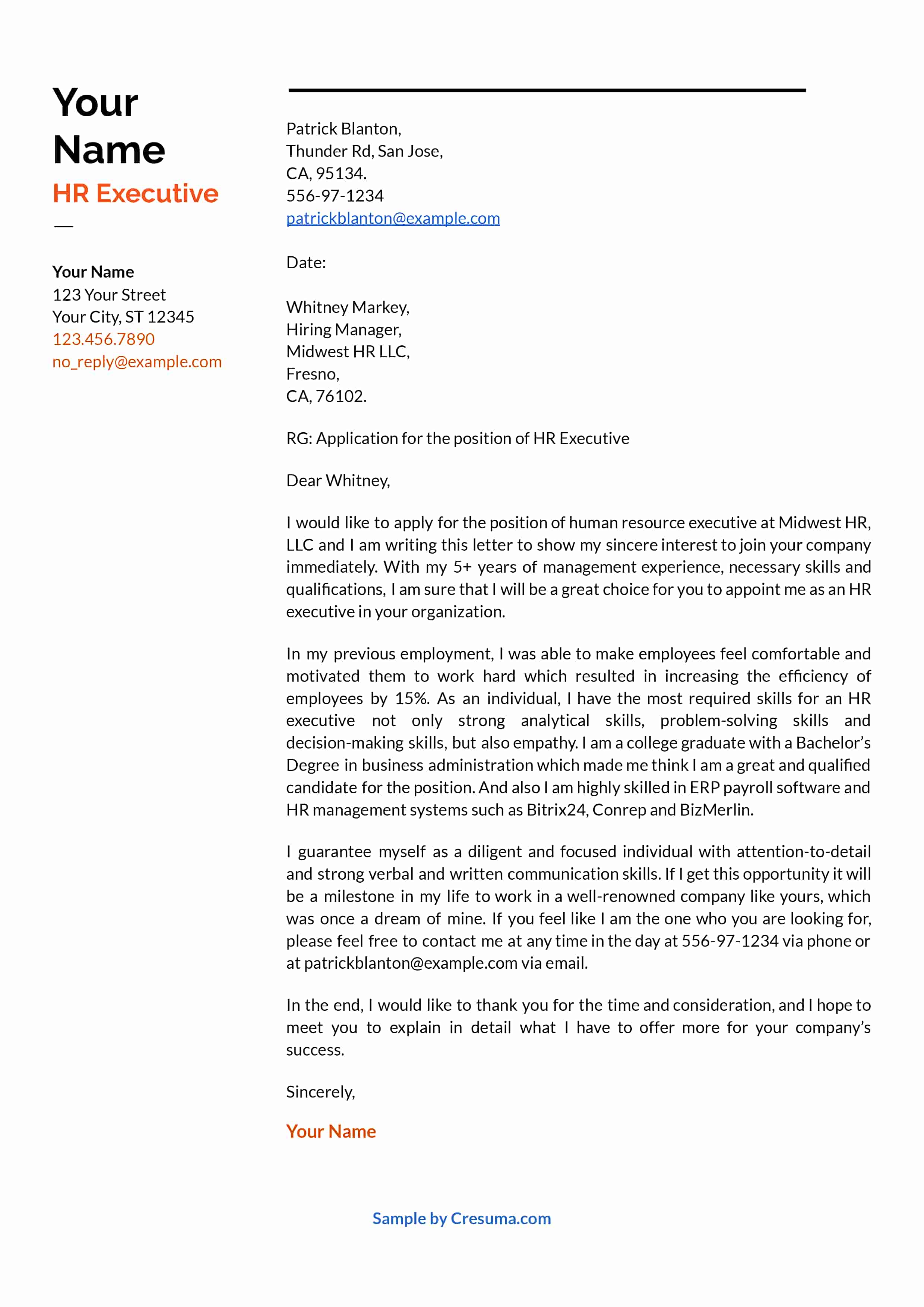 HR executive cover letter sample template 1