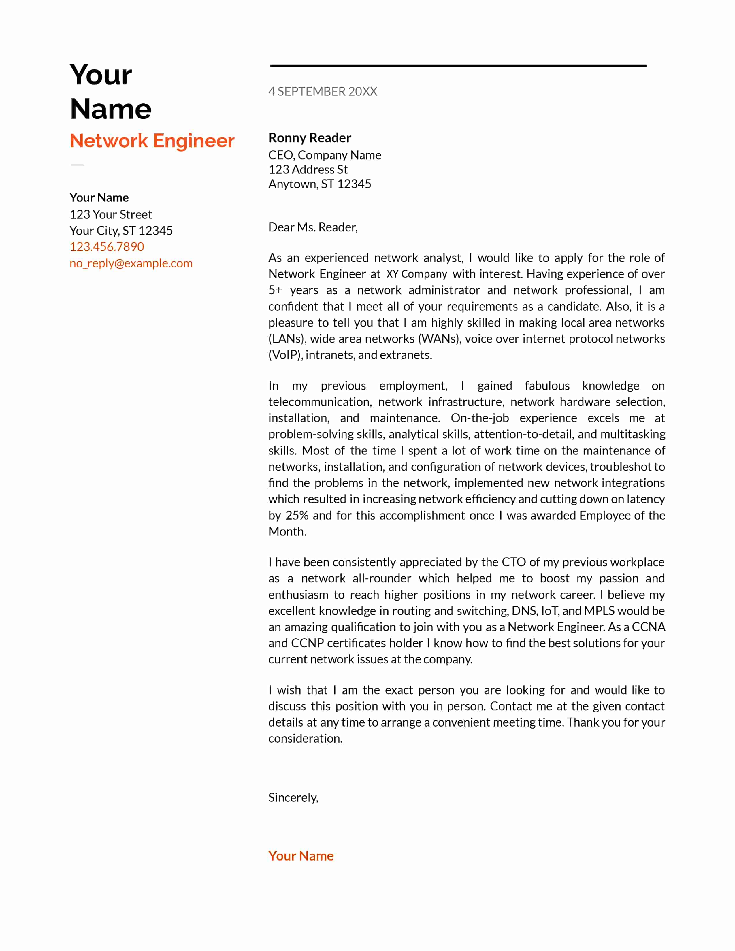 Network Engineer cover letter sample - Cresuma