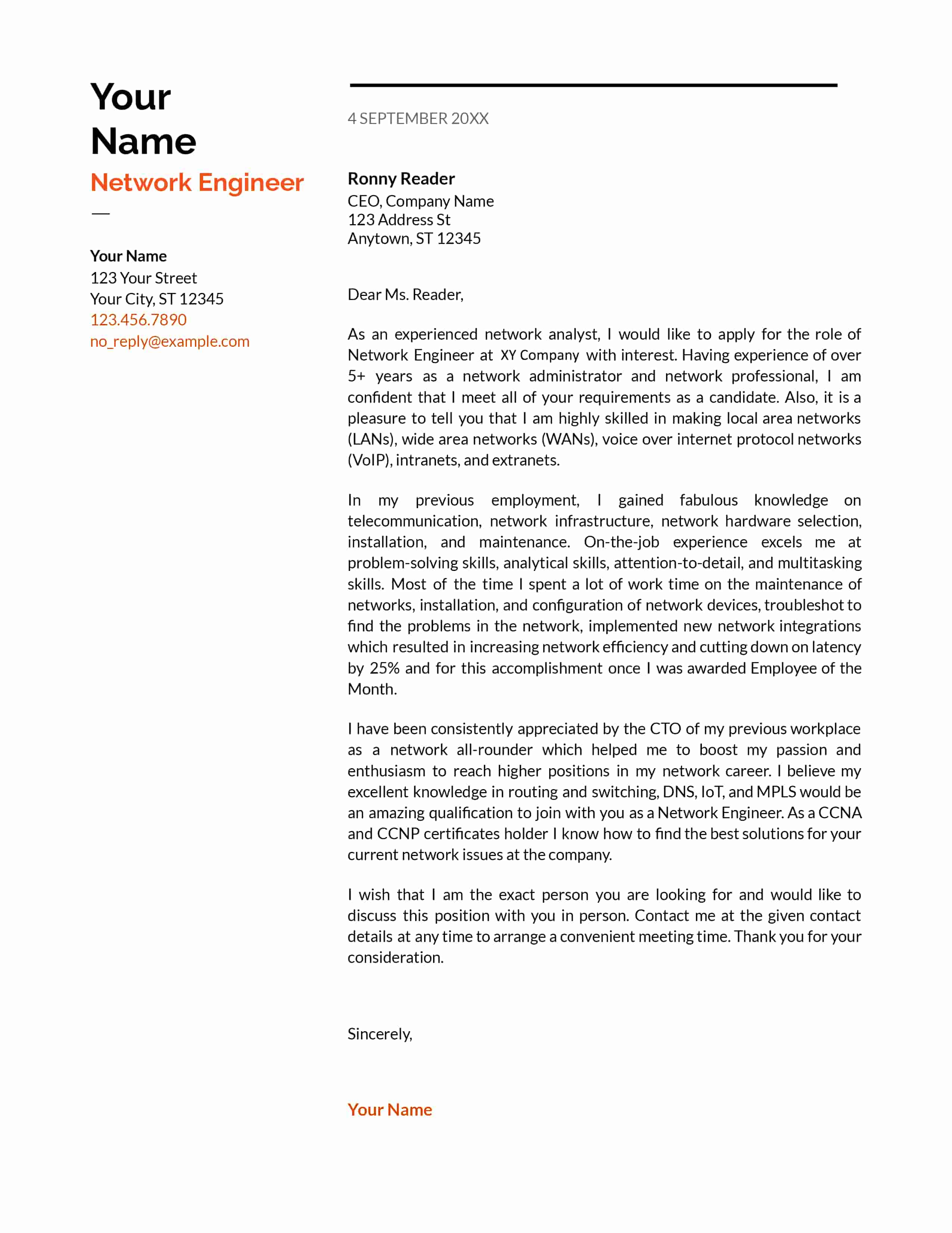 cover letter for fresher network engineer