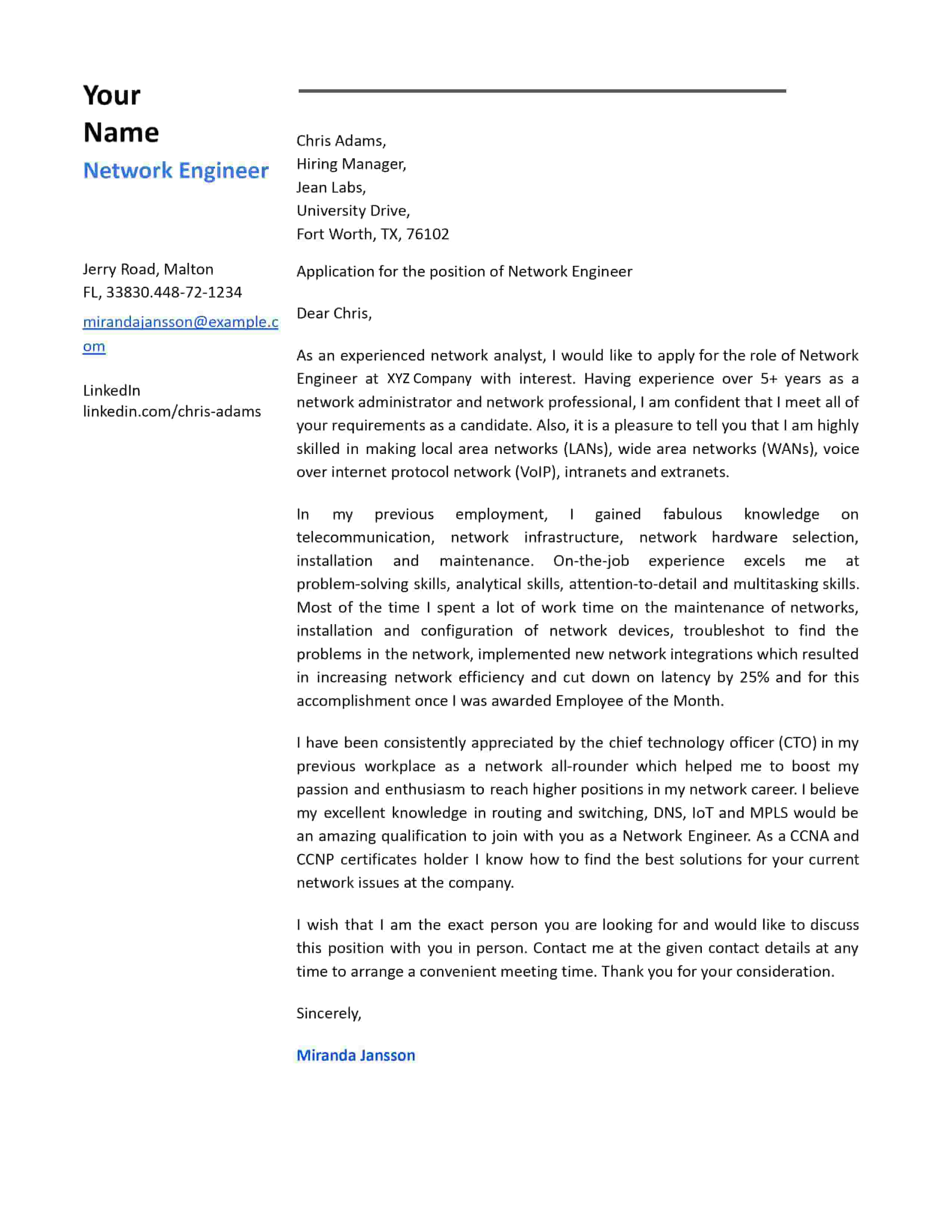 Network Engineer cover letter sample template 5