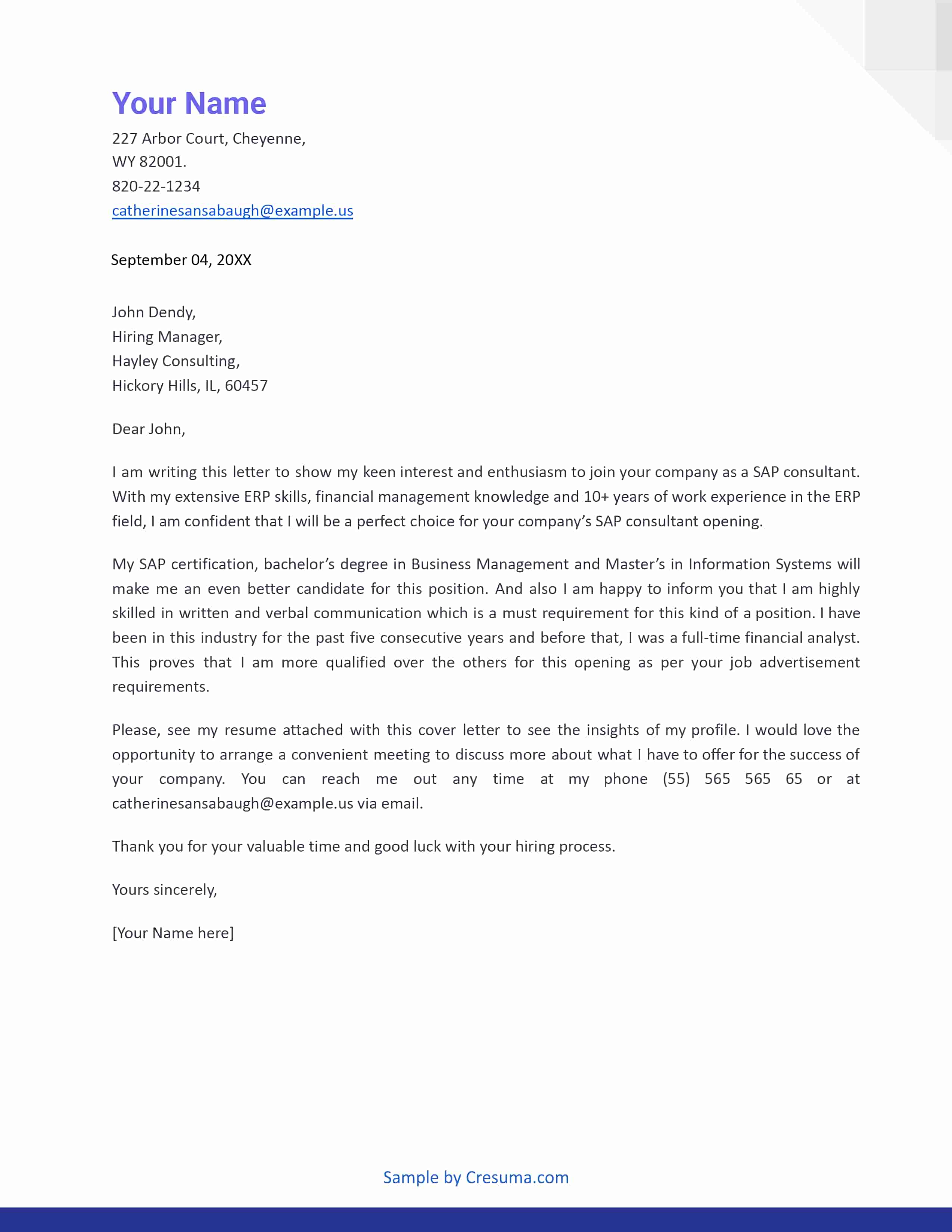 SAP Consultant cover letter example template 3