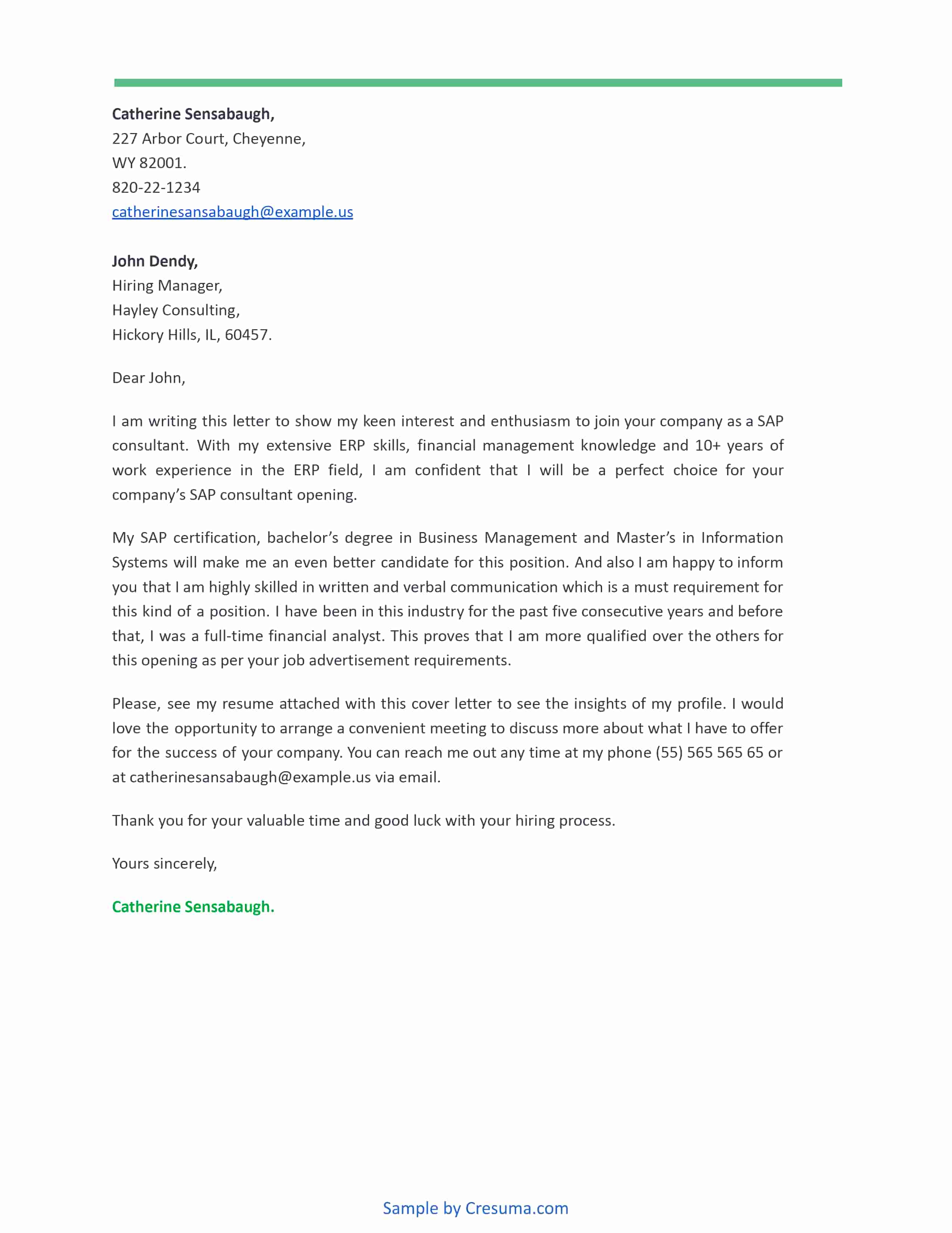 SAP Consultant cover letter example by cresuma.com