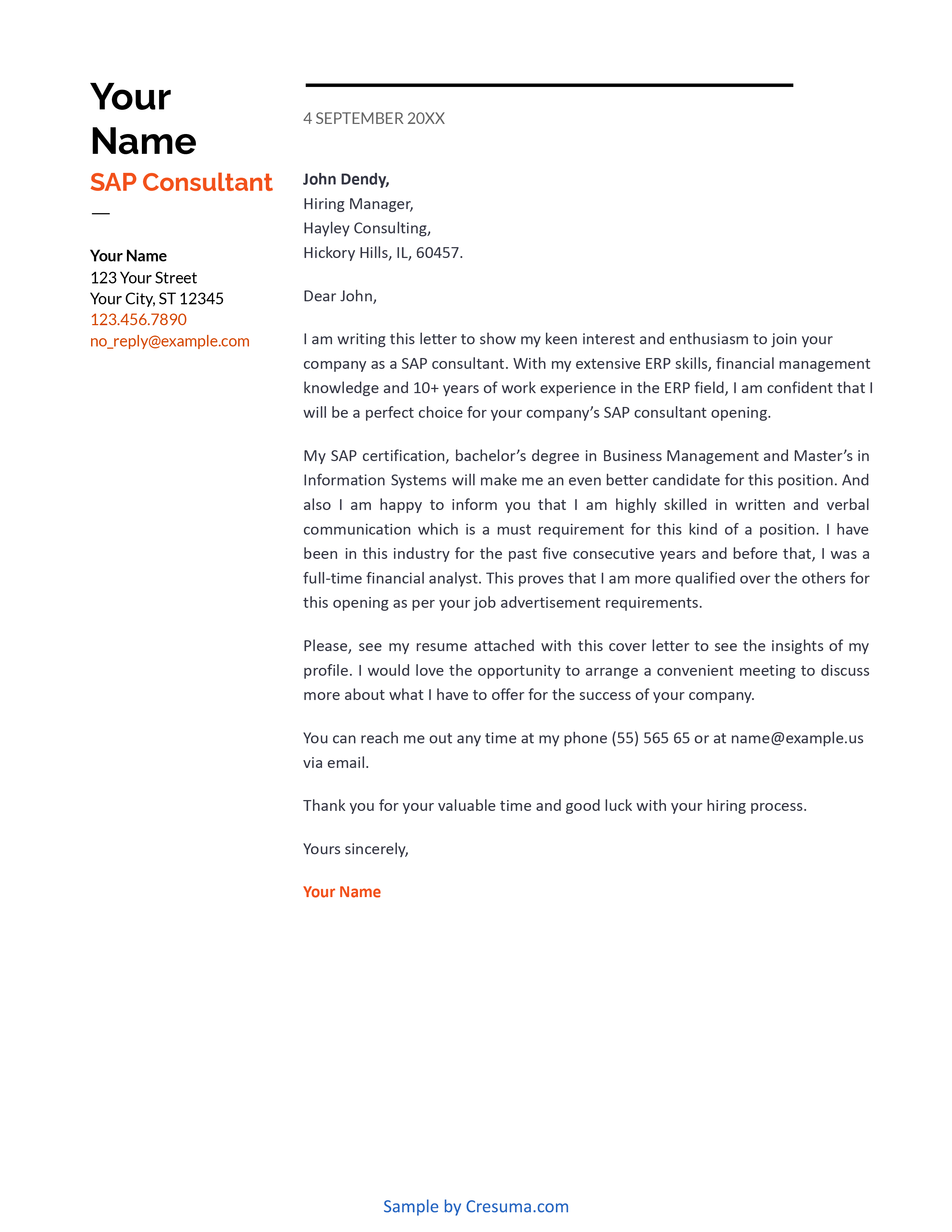 SAP consultant cover letter example template 2