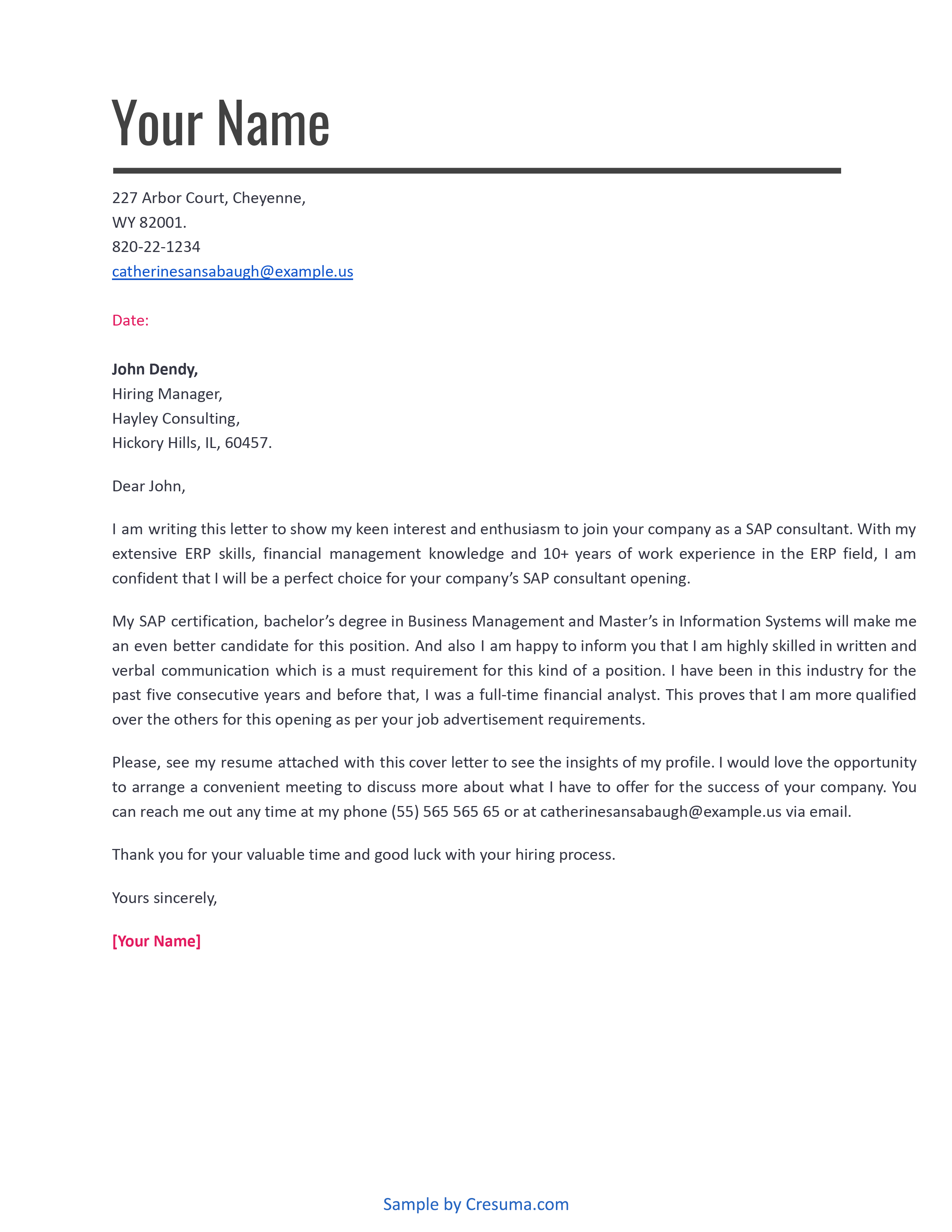 SAP Consultant cover letter example template 4