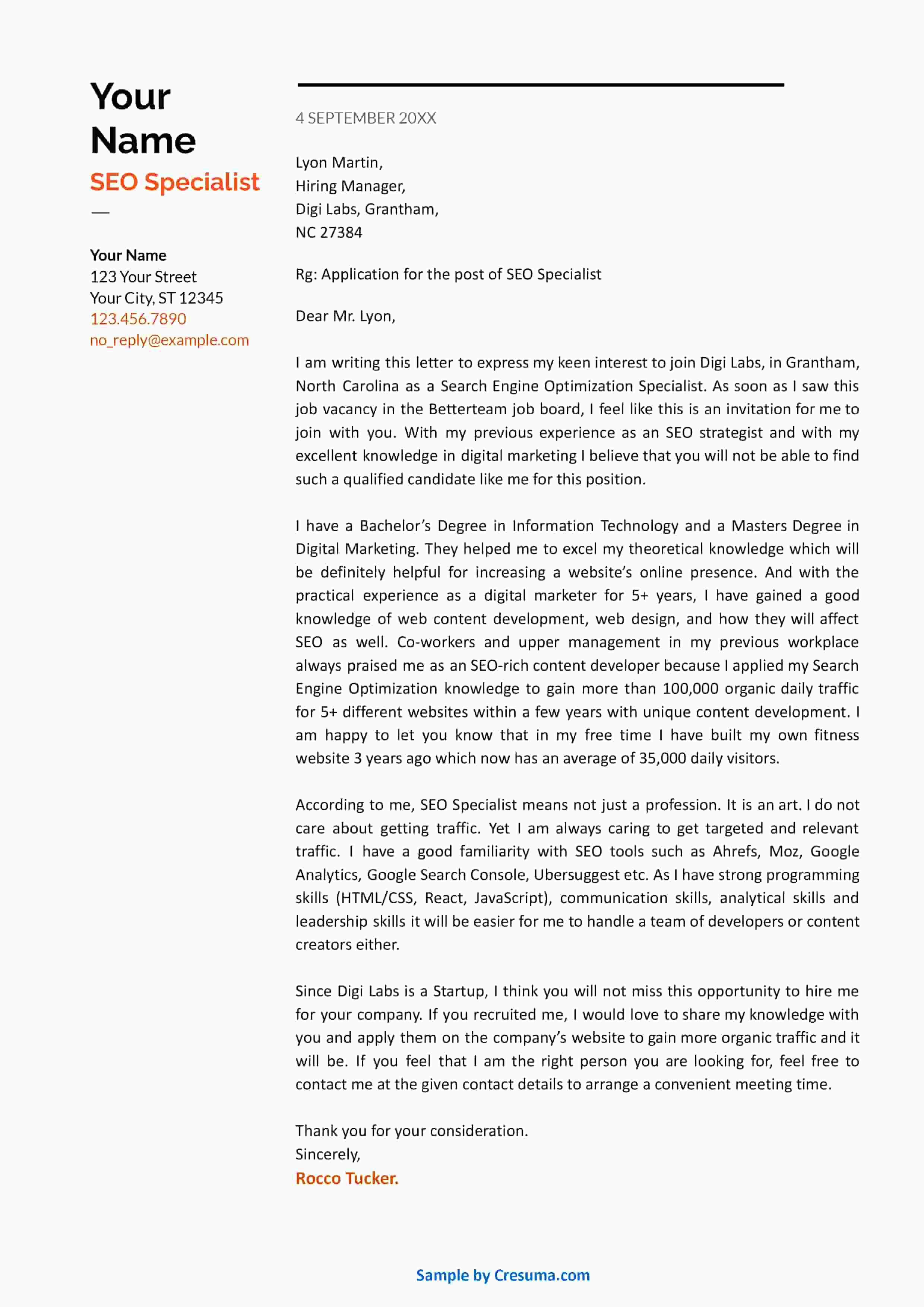 SEO Specialist cover letter example template 1