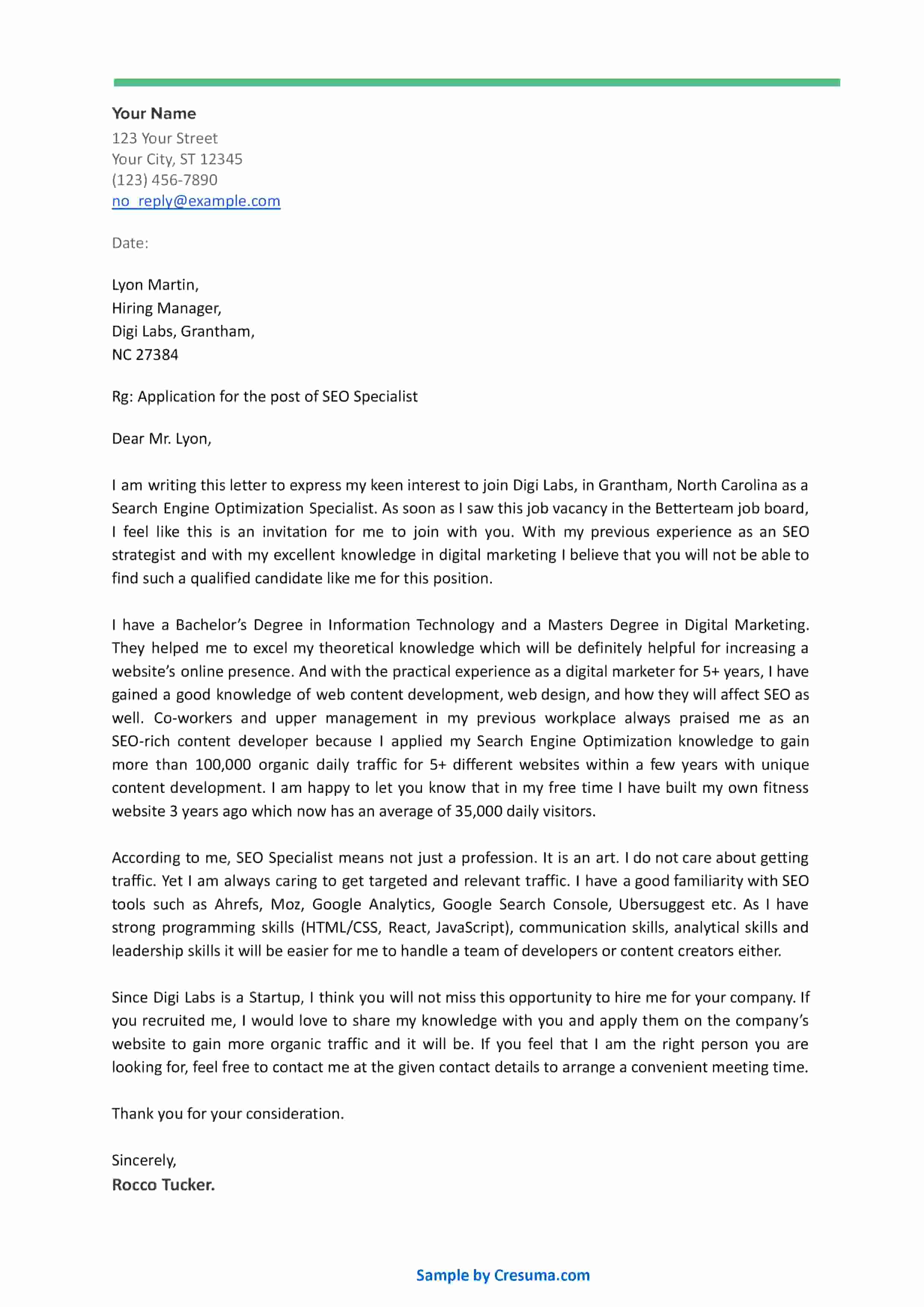 SEO Specialist cover letter example template 2