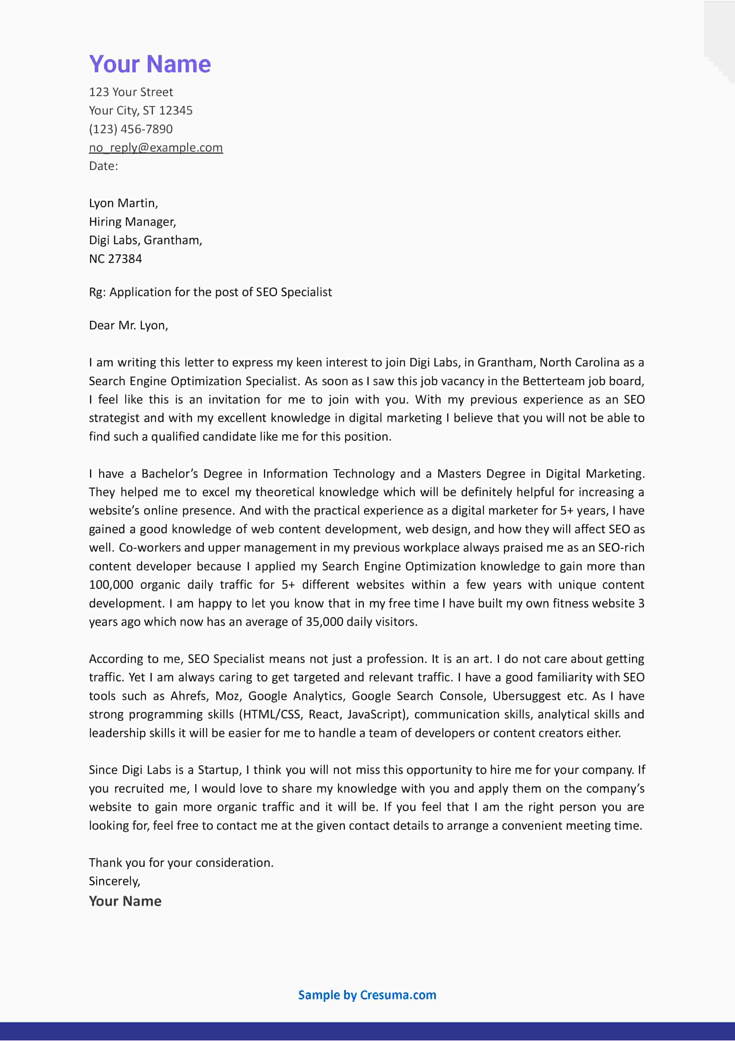 SEO Specialist cover letter example template 3