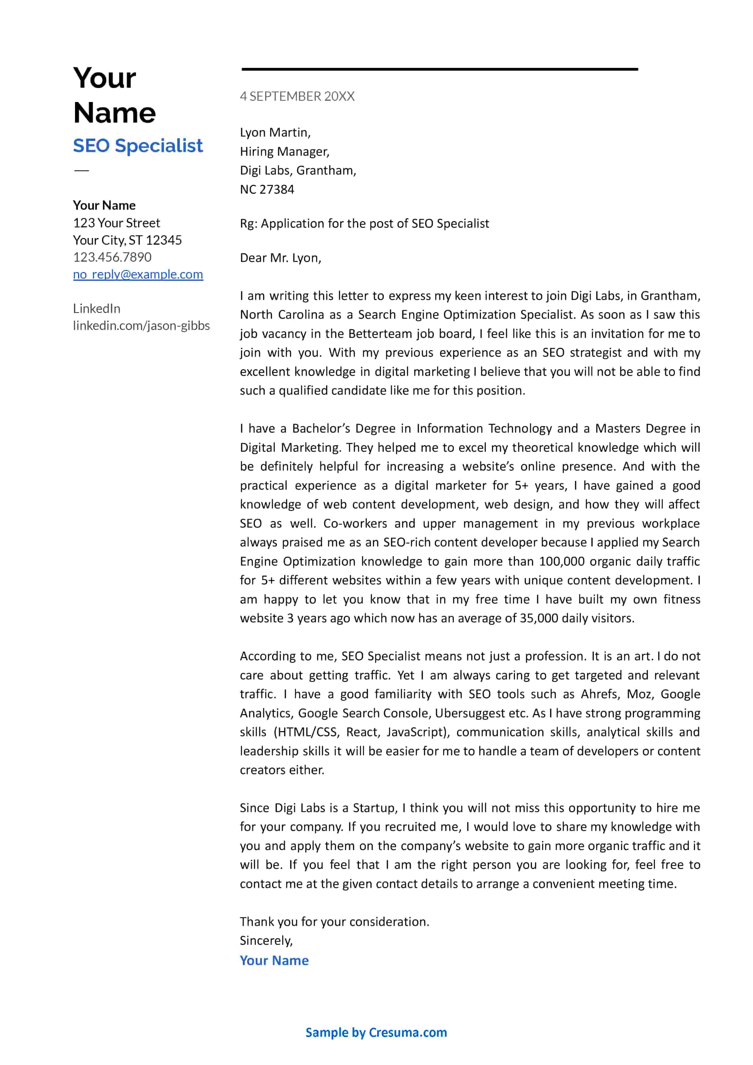 SEO Specialist cover letter sample template 5
