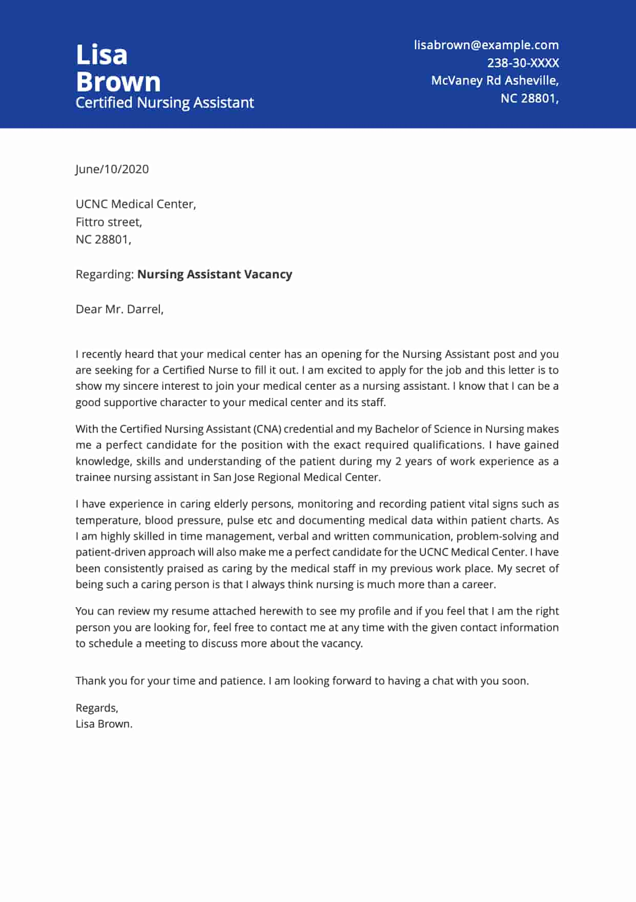 Certified Nursing Assistant Cover Letter Example Cresuma   Certified Nursing Assistant Sample Image  1  