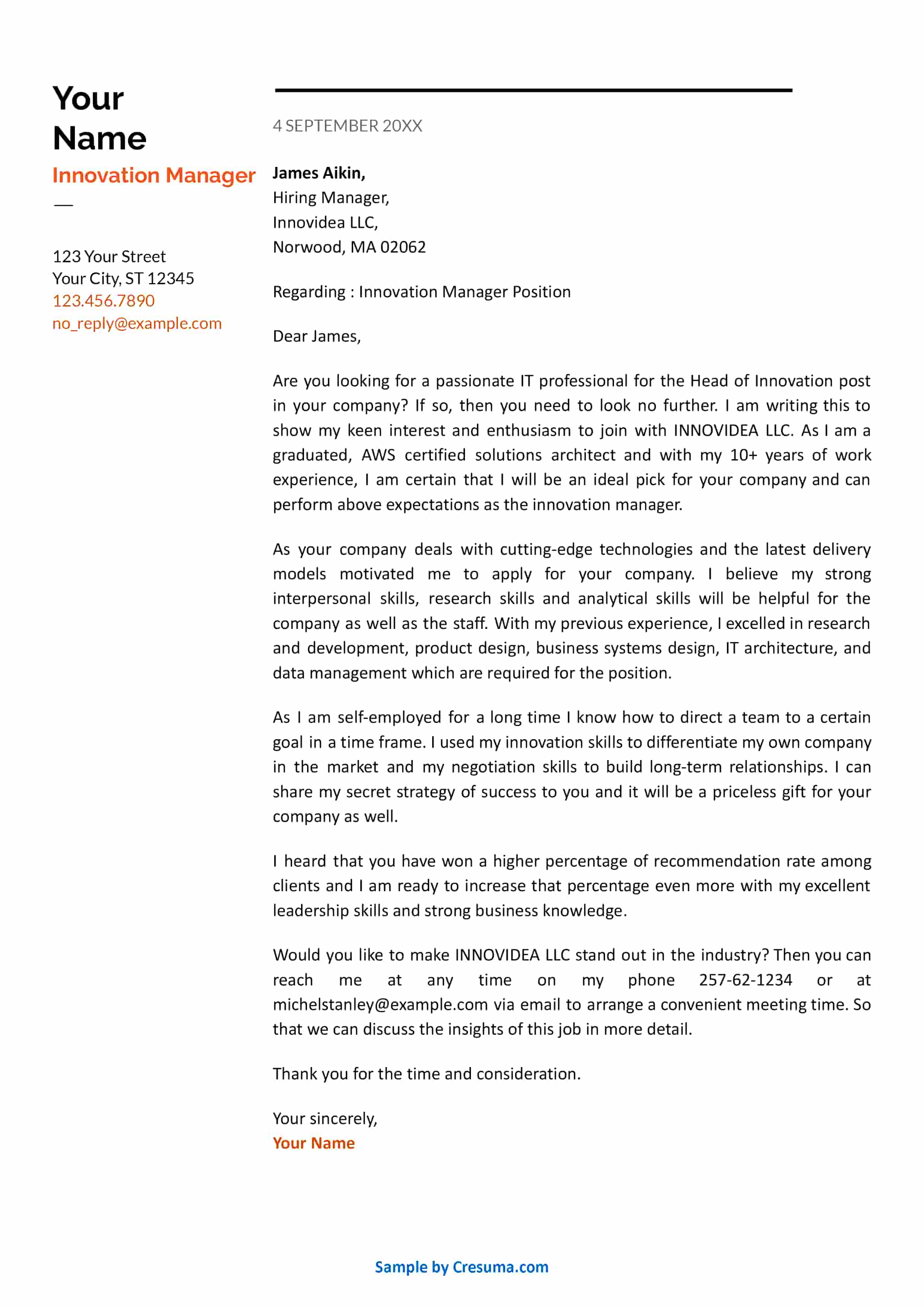 Innovation Manager cover letter example template 1
