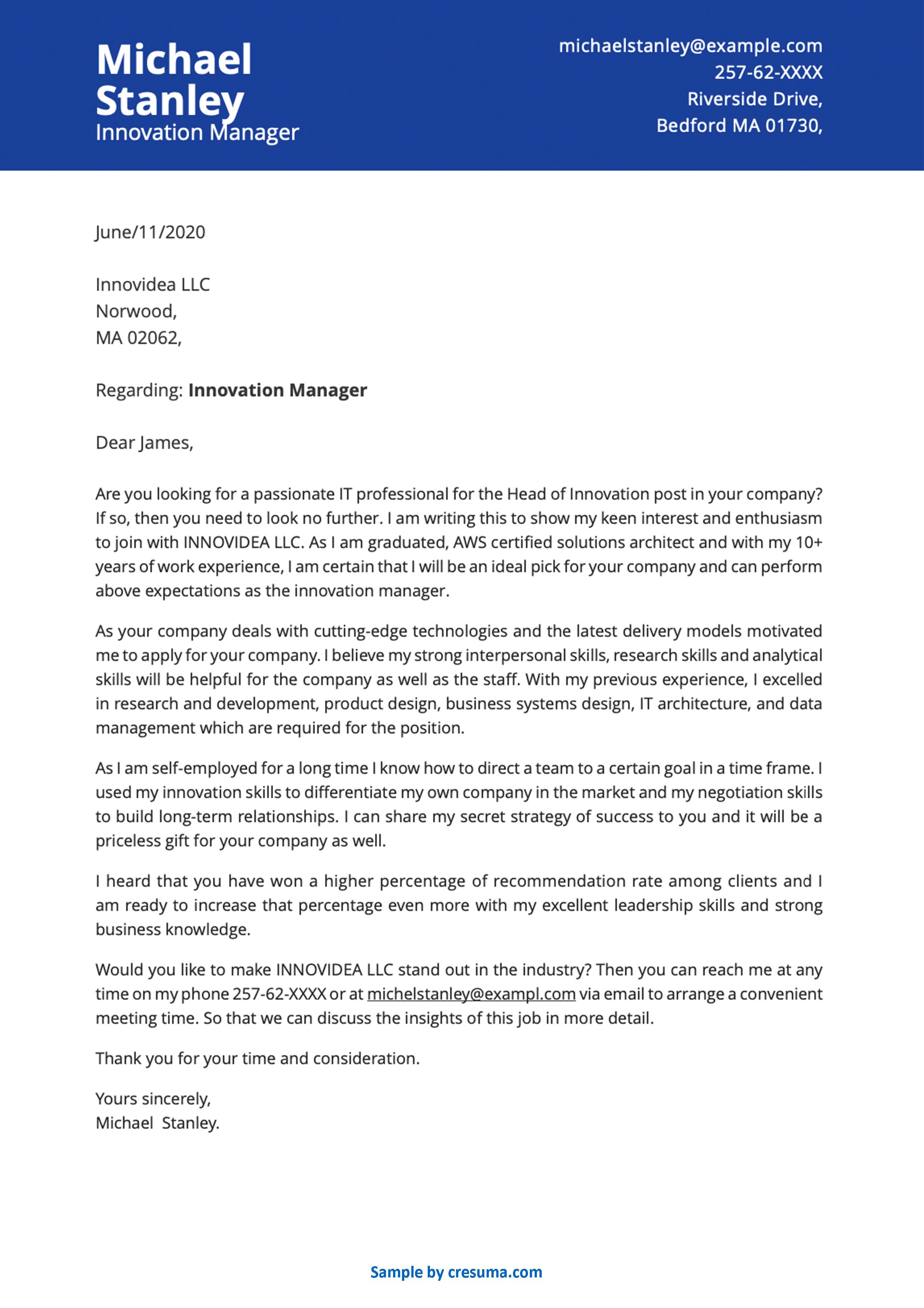 Innovation Manager cover letter example image