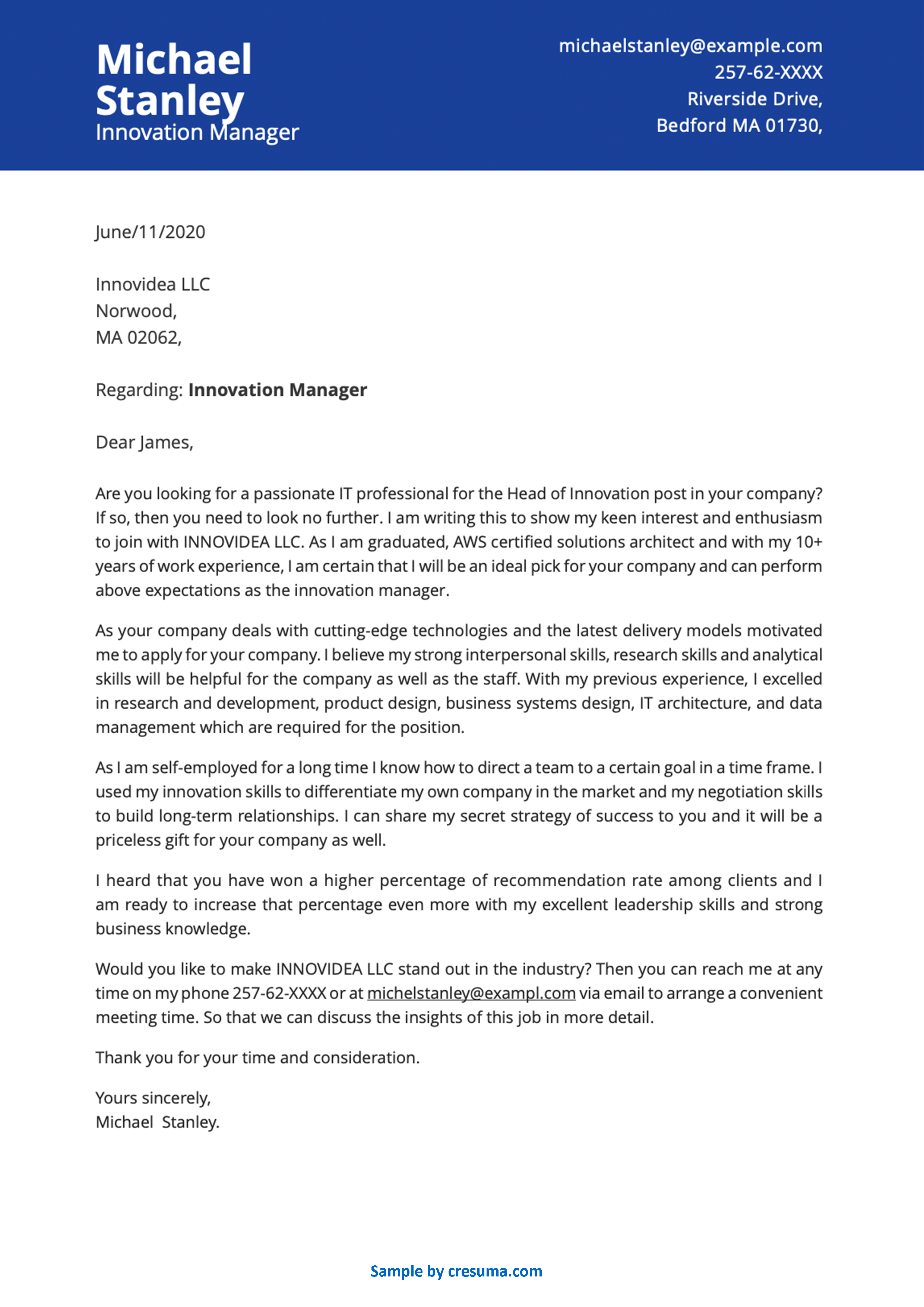 innovation project manager cover letter