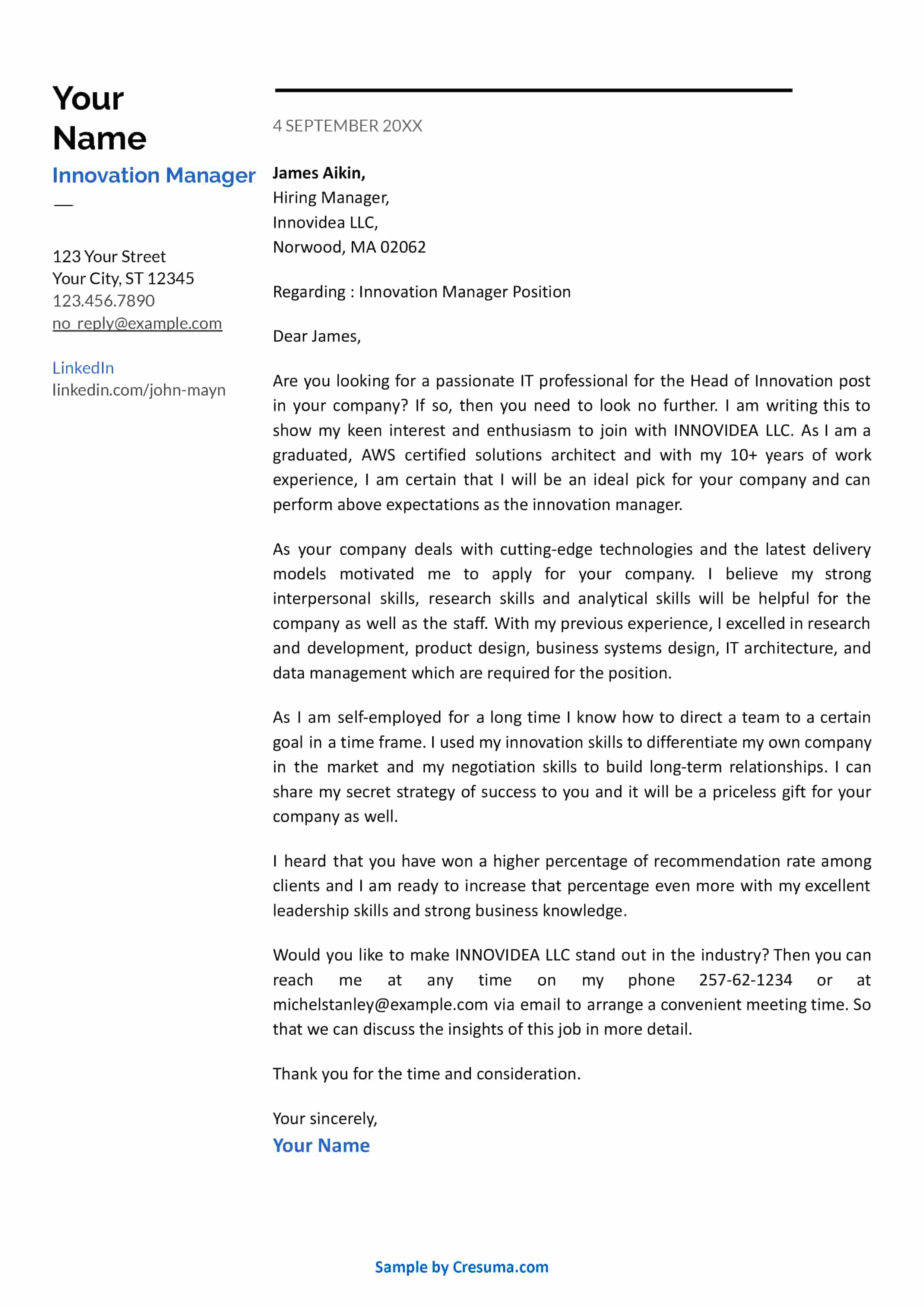 Innovation Manager cover letter example template 5