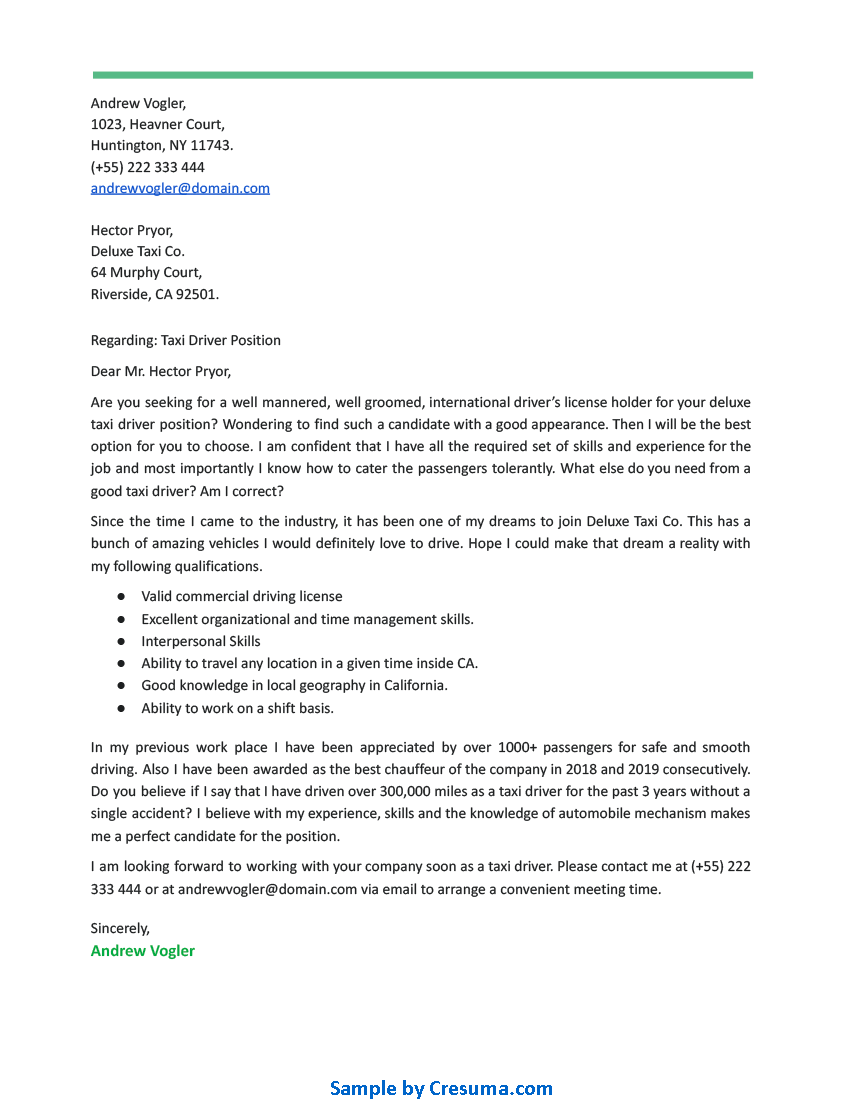 taxi driver cover letter example template 1