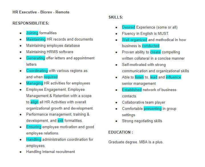 List of the action verbs related to a HR Executive