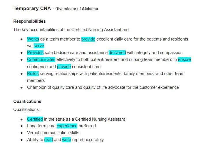 Certified Nursing Assistant (CNA) job ad posting sample