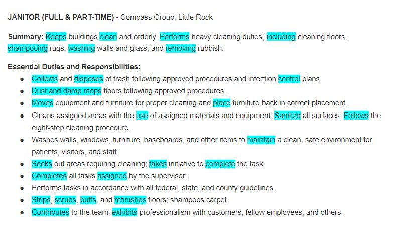 list of the relevant action verbs for a Janitor