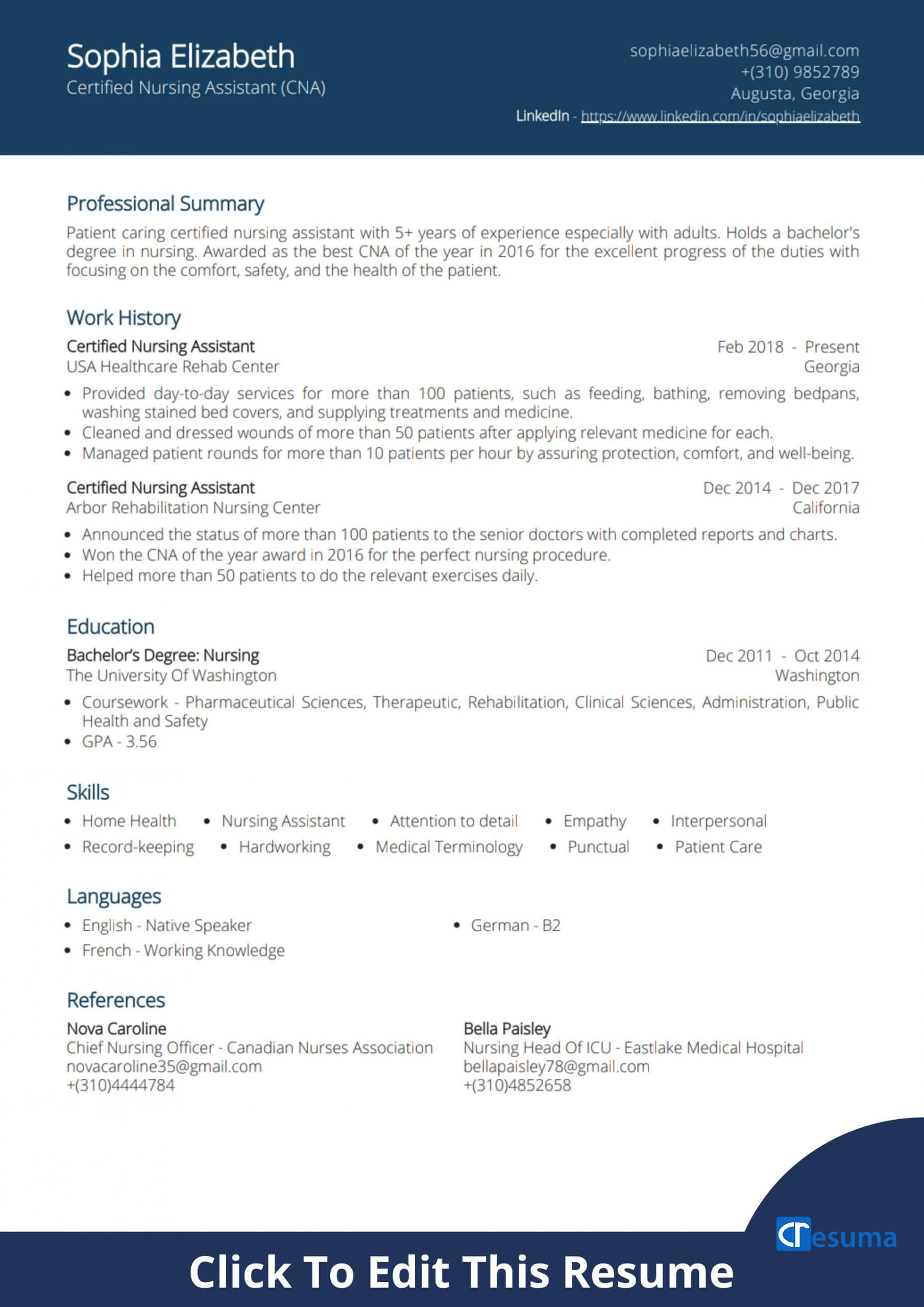 Certified Nursing Assistant Cna Resume Example