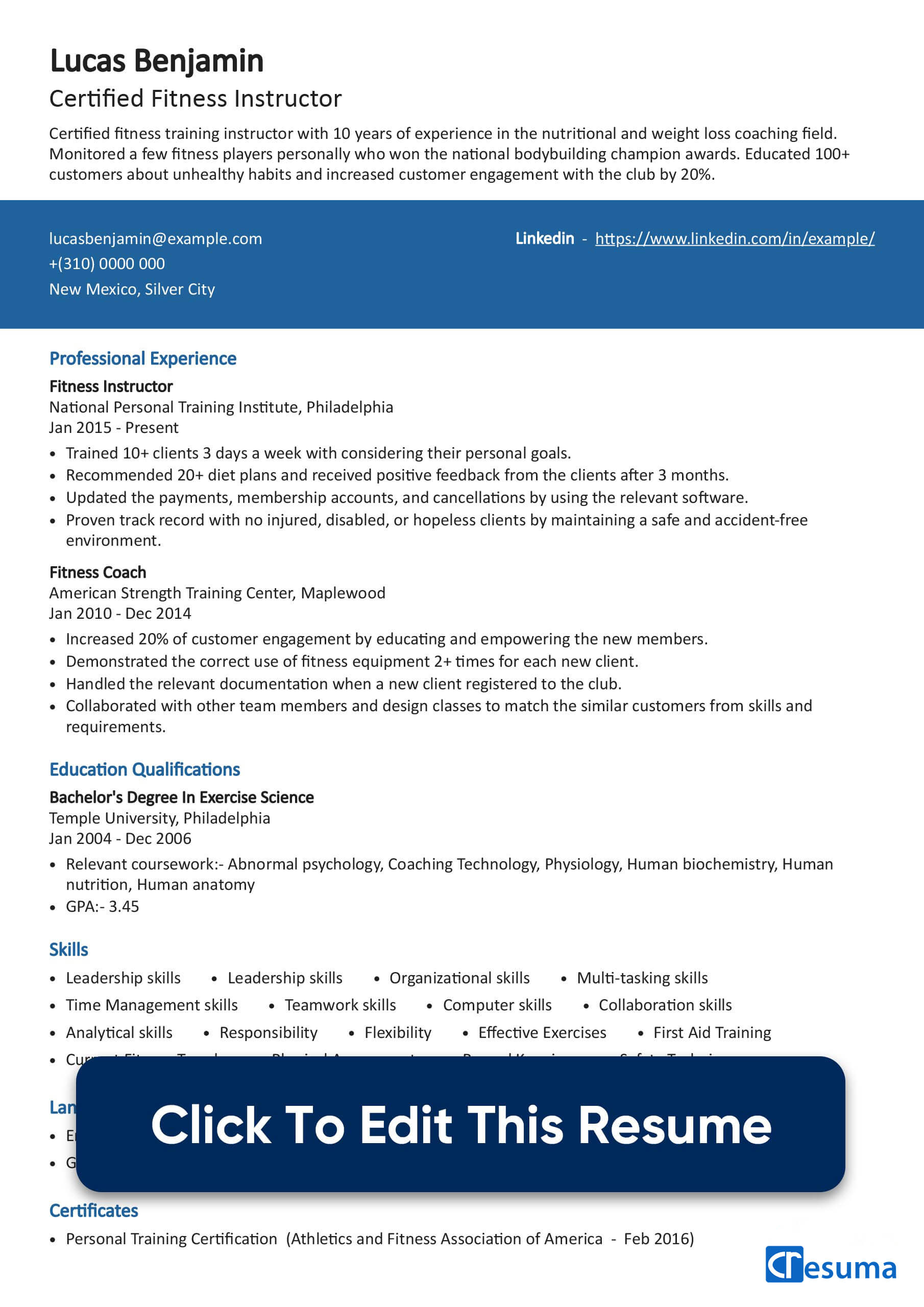 Fitness Instructor resume example image