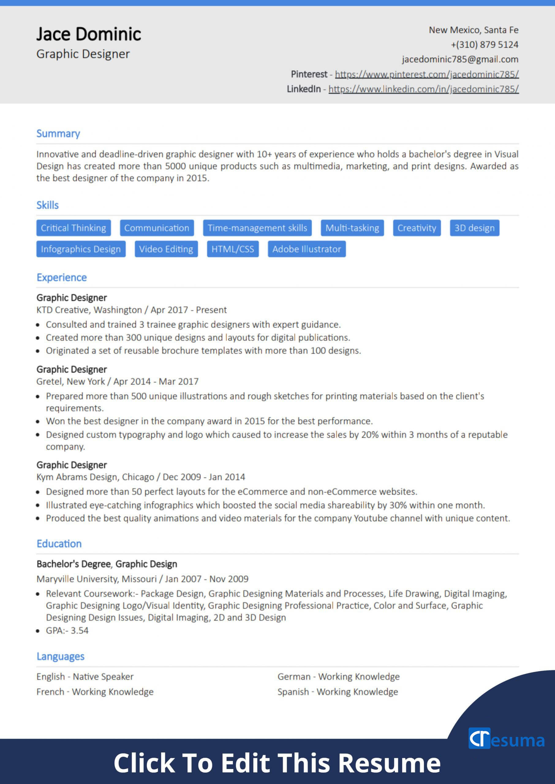 Graphic Designer resume example image - cresuma