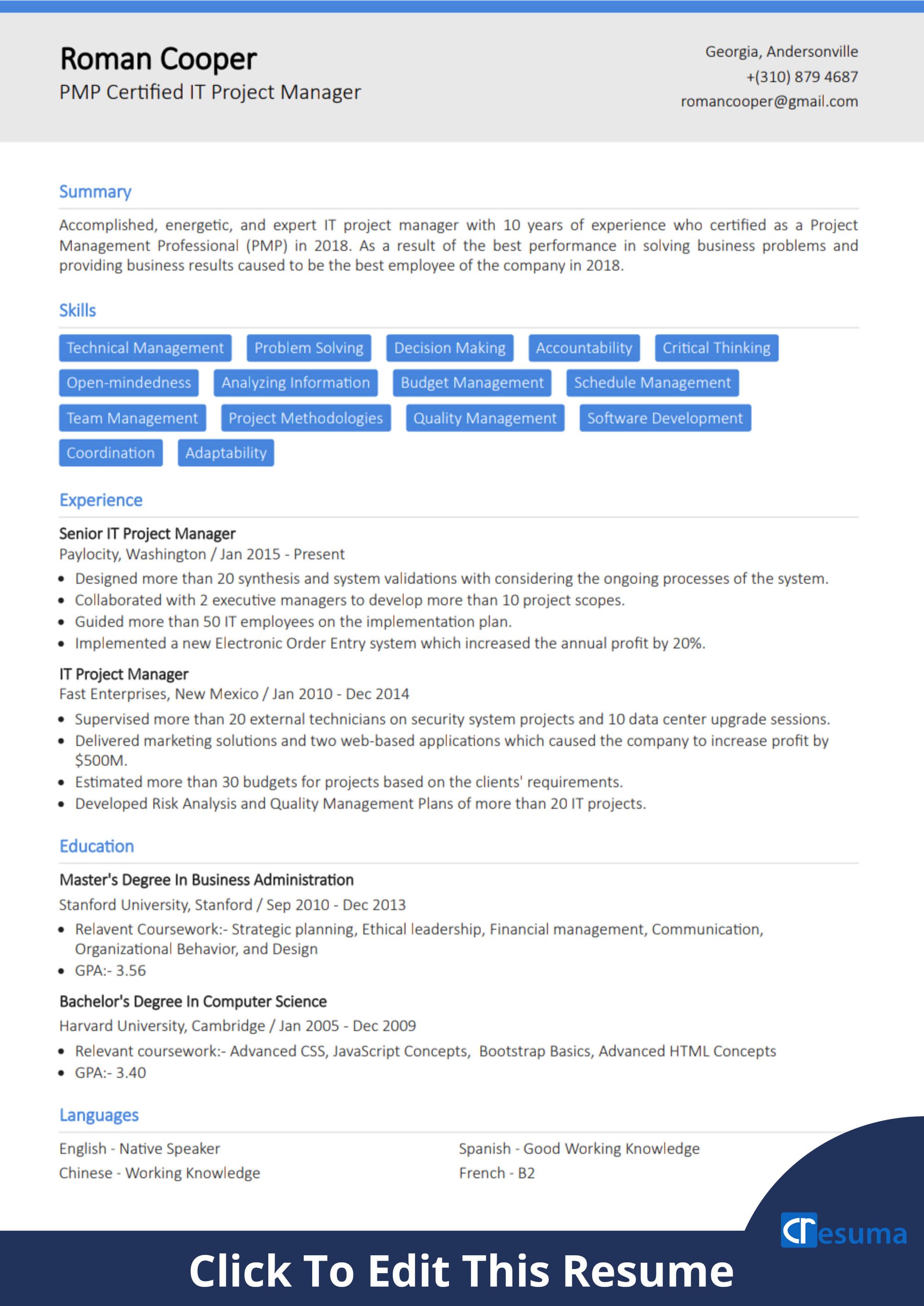 web project manager resume