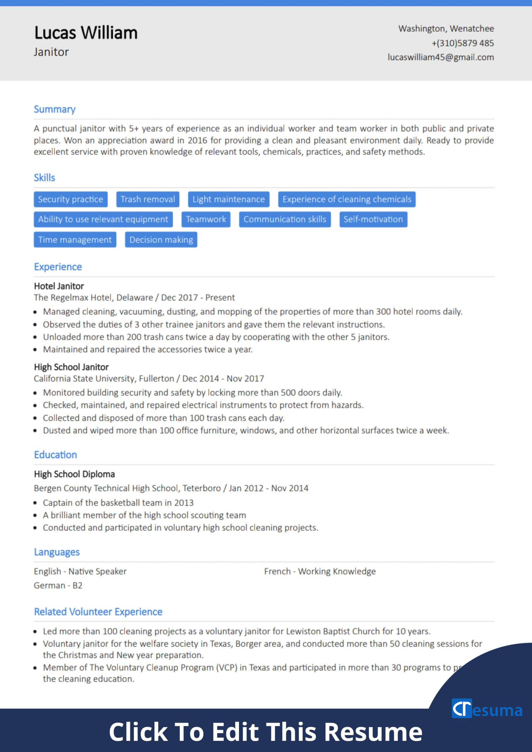 Janitor Resume Example image - cresuma