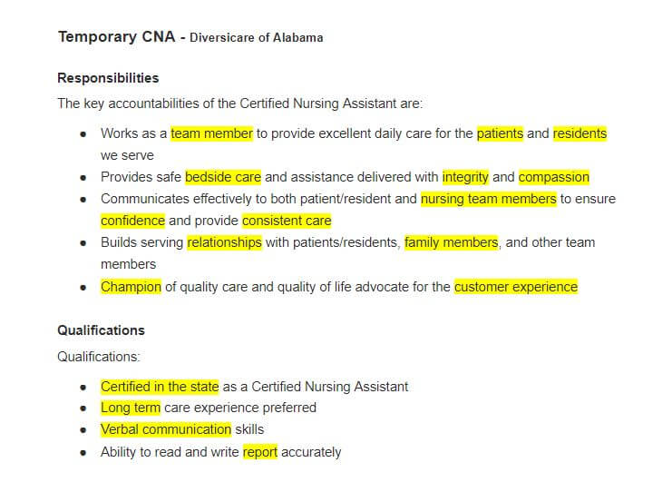 Certified Nursing Assistant job advert example - Cresuma