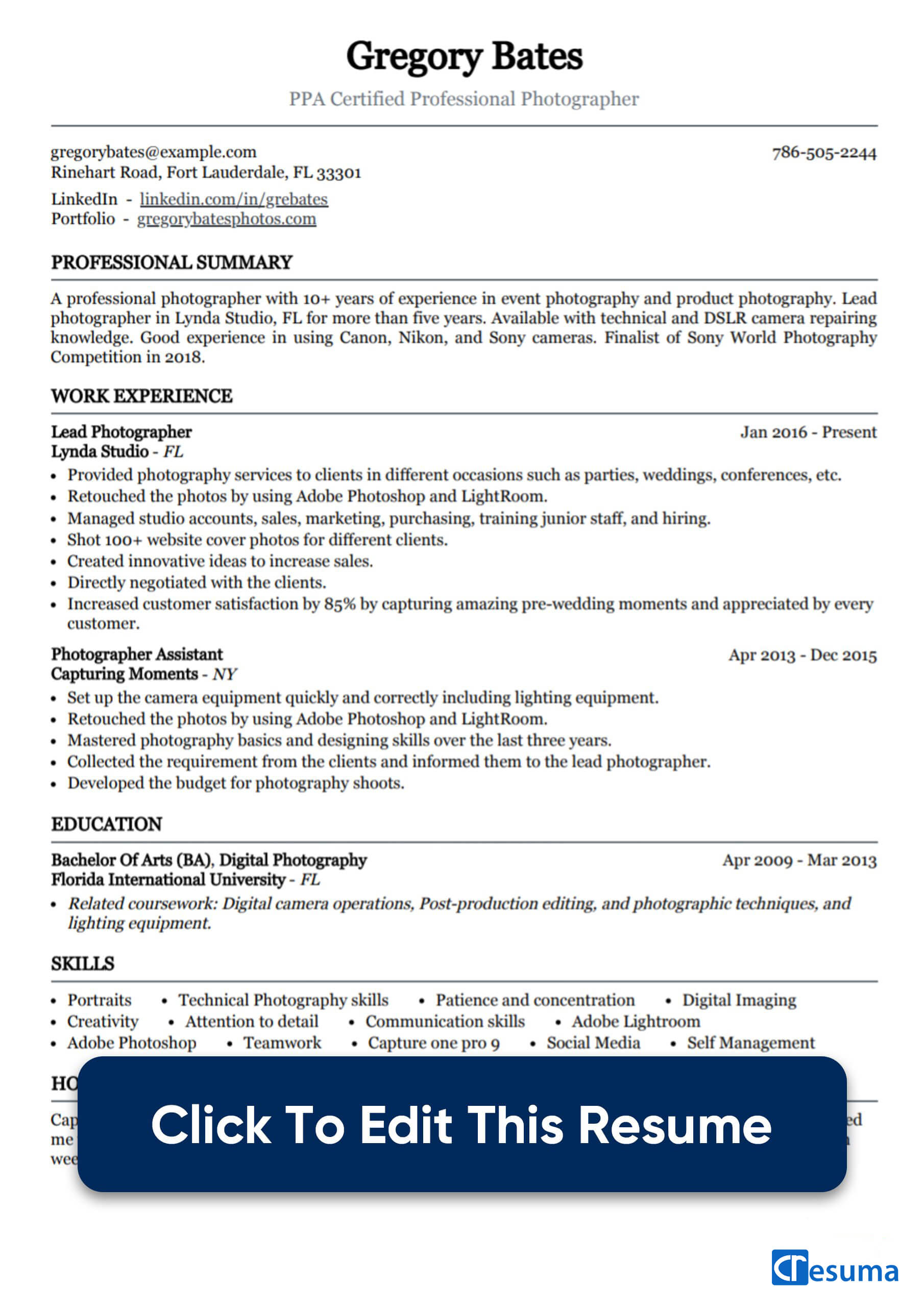 Photographer Resume Example Writing Guide Cresuma