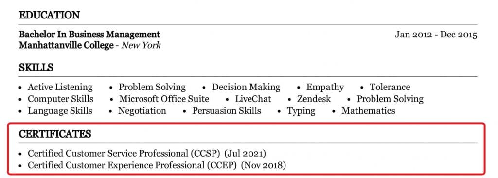 resume certification section for a starter resume