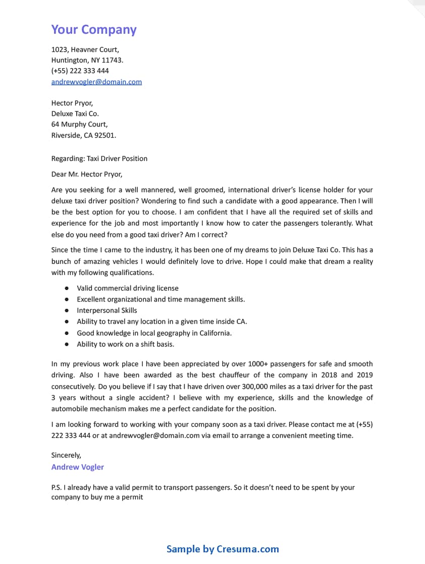 taxi driver cover letter example template 3