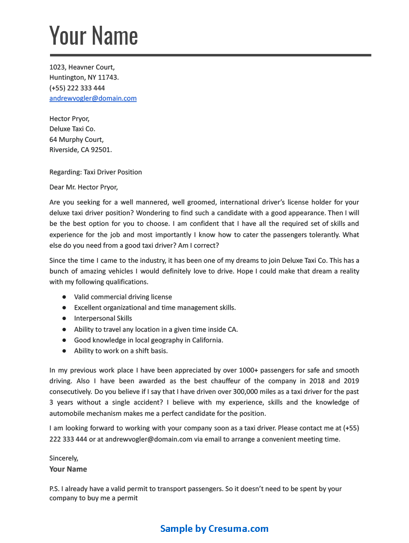 taxi driver cover letter example template 4