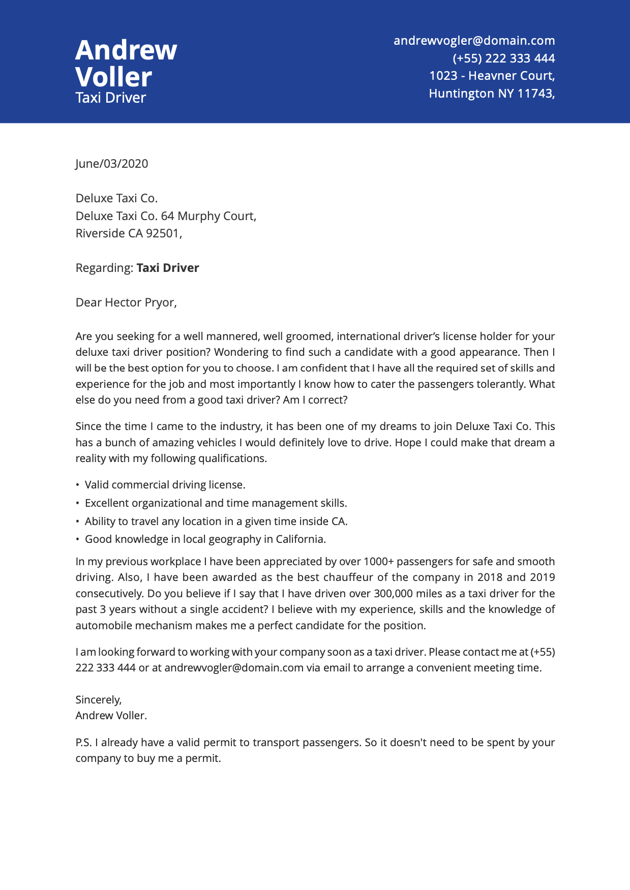 Taxi driver cover letter example image