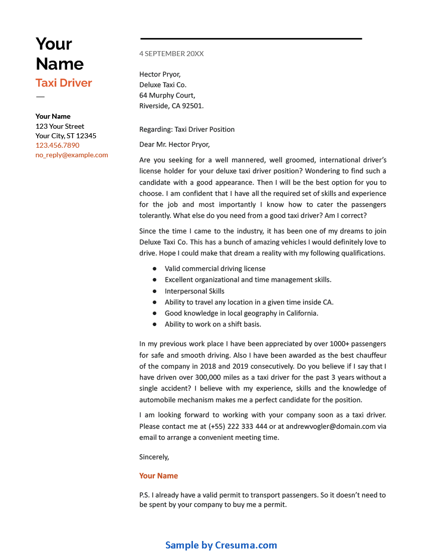 taxi driver cover letter example template 2