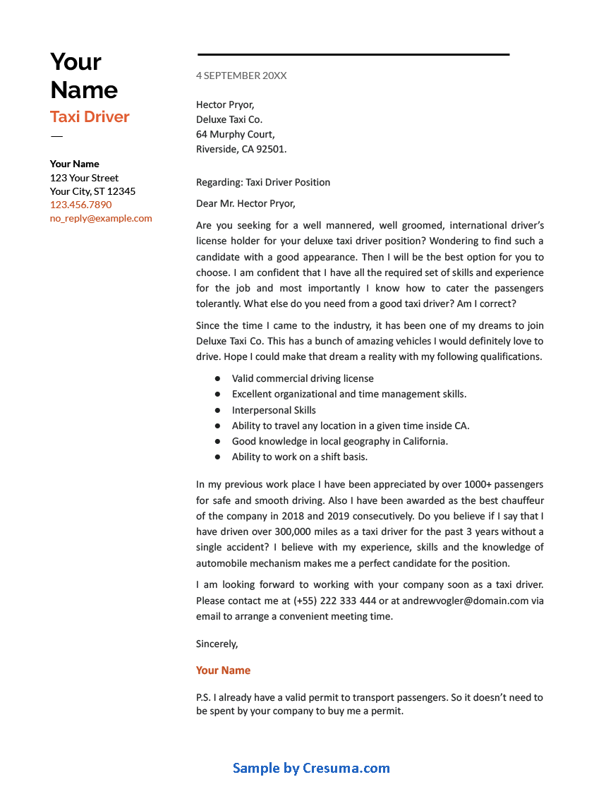 sample cover letter as driver