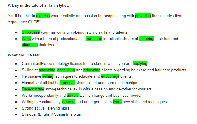 List of the relevant action verbs for a hairstylist