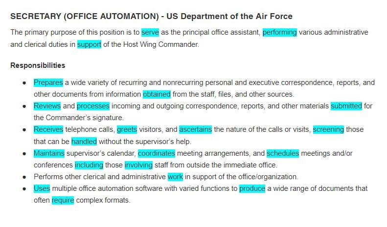 secretary resume example - action verbs
