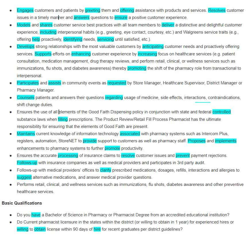 list of the relevant action verbs for a  Pharmacist 