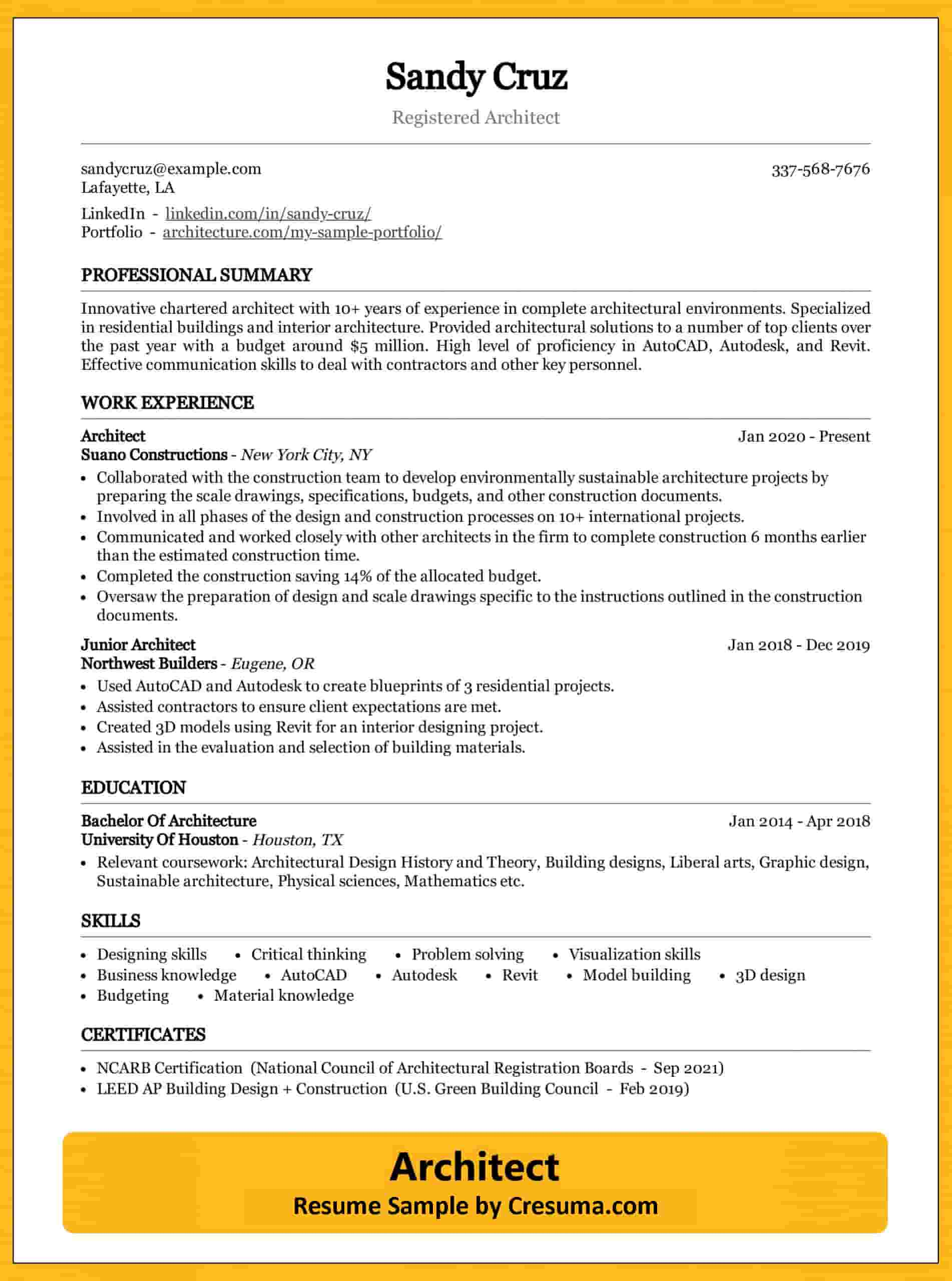 Architect Resume Example (+Writing Guide) | Cresuma