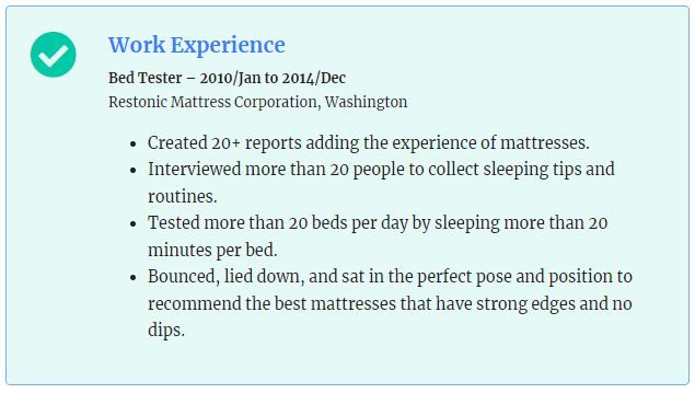 Bed tester resume example - work experience section