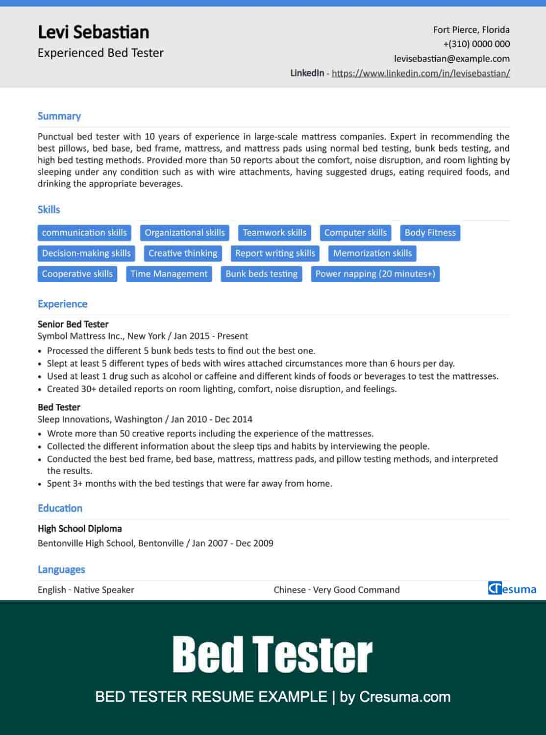 bed tester resume example image - Cresuma