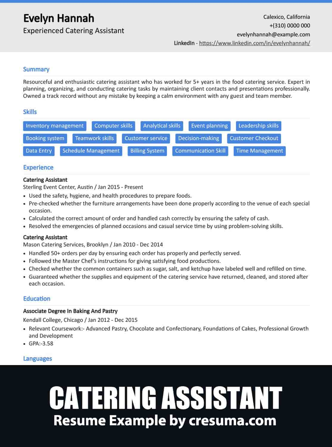 Catering Assistant Resume Example - Cresuma