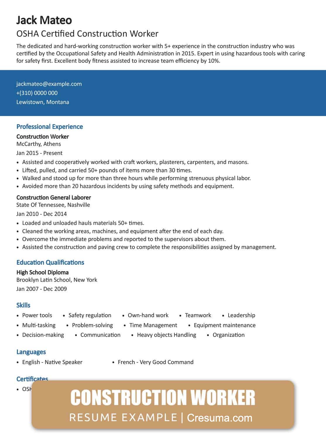 construction resume example