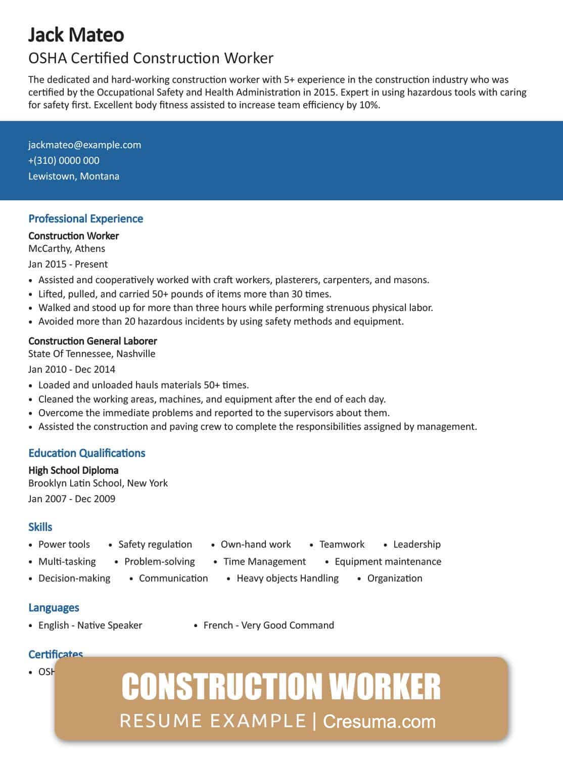 resume summary examples construction